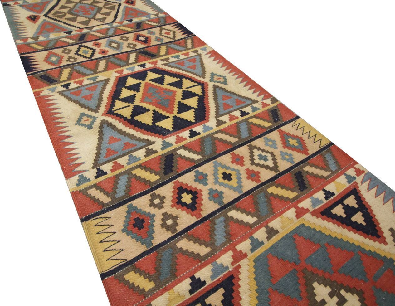 Handmade Wool Kilim Runner Rug Beige With Tribal Geometric Zigzag Patterns photo Textiles