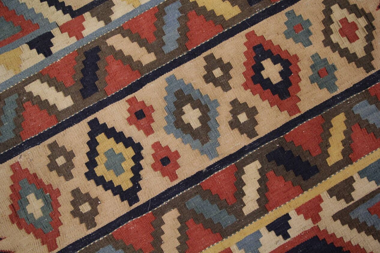 Handmade Wool Kilim Runner Rug Beige With Tribal Geometric Zigzag Patterns photo buy