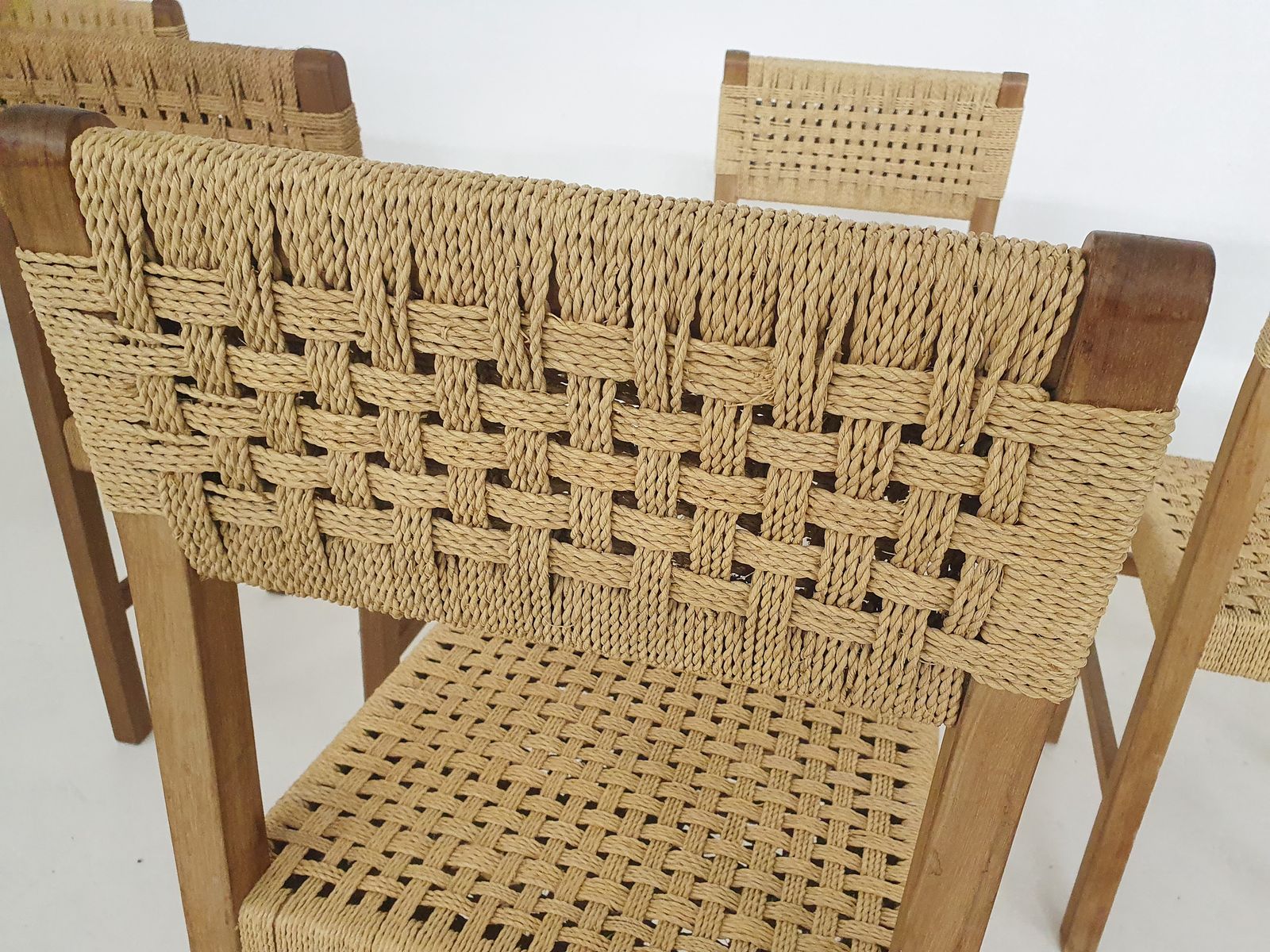 Set Of Six Papercord Dining Chairs, France 1950's photo buy