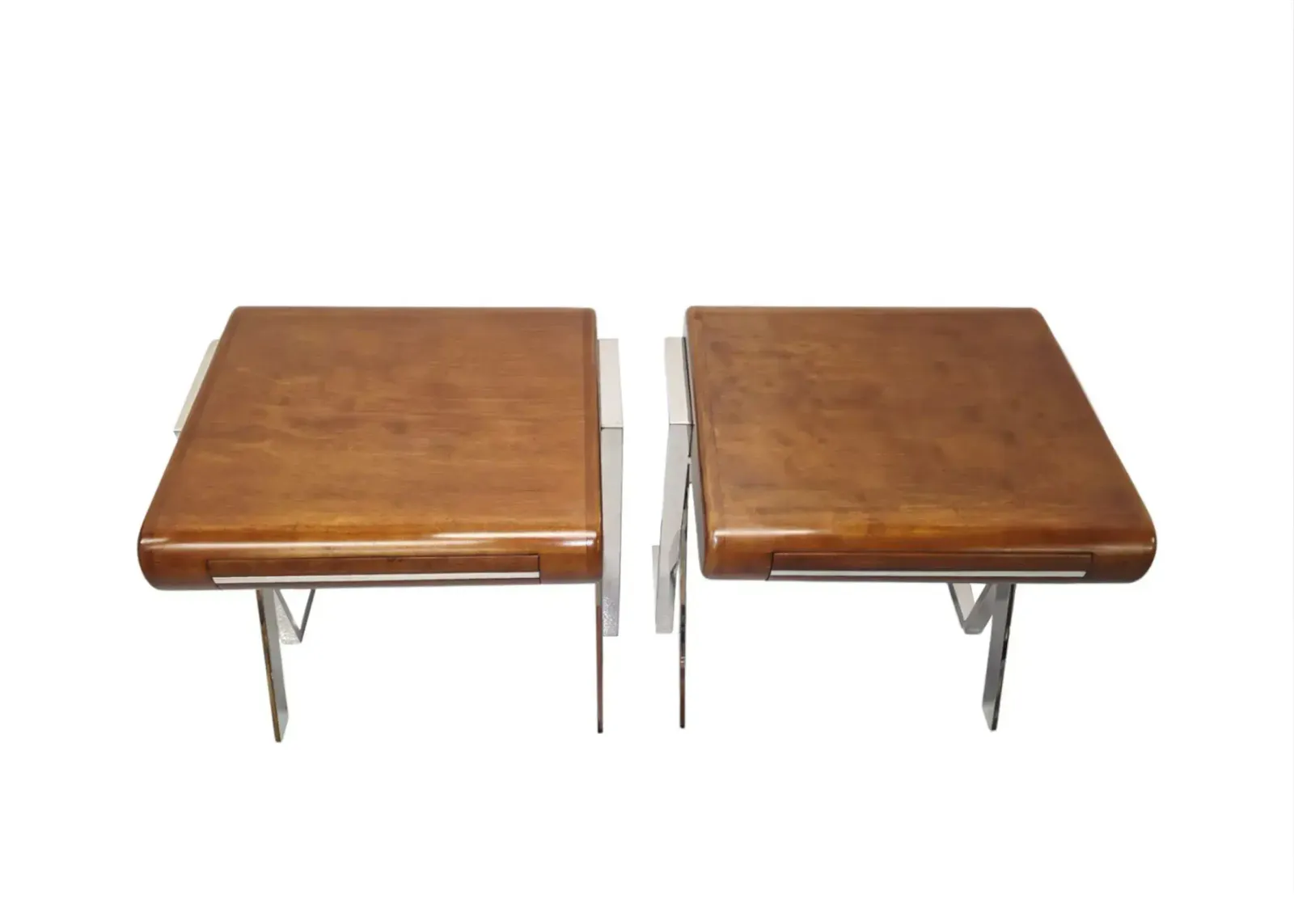 A Stunning Pair Of Contemporary Hand Made Mid Century Design Walnut And Chrome Bedside Or Side Tables photo furniture