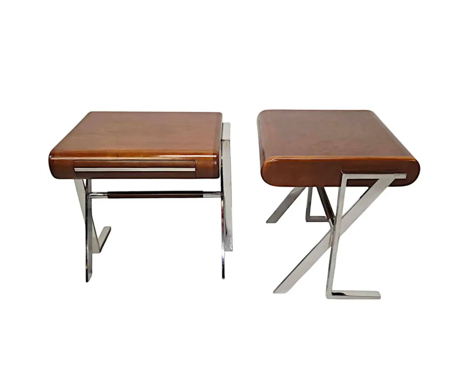 A Stunning Pair Of Contemporary Hand Made Mid Century Design Walnut And Chrome Bedside Or Side Tables photo 2400.024