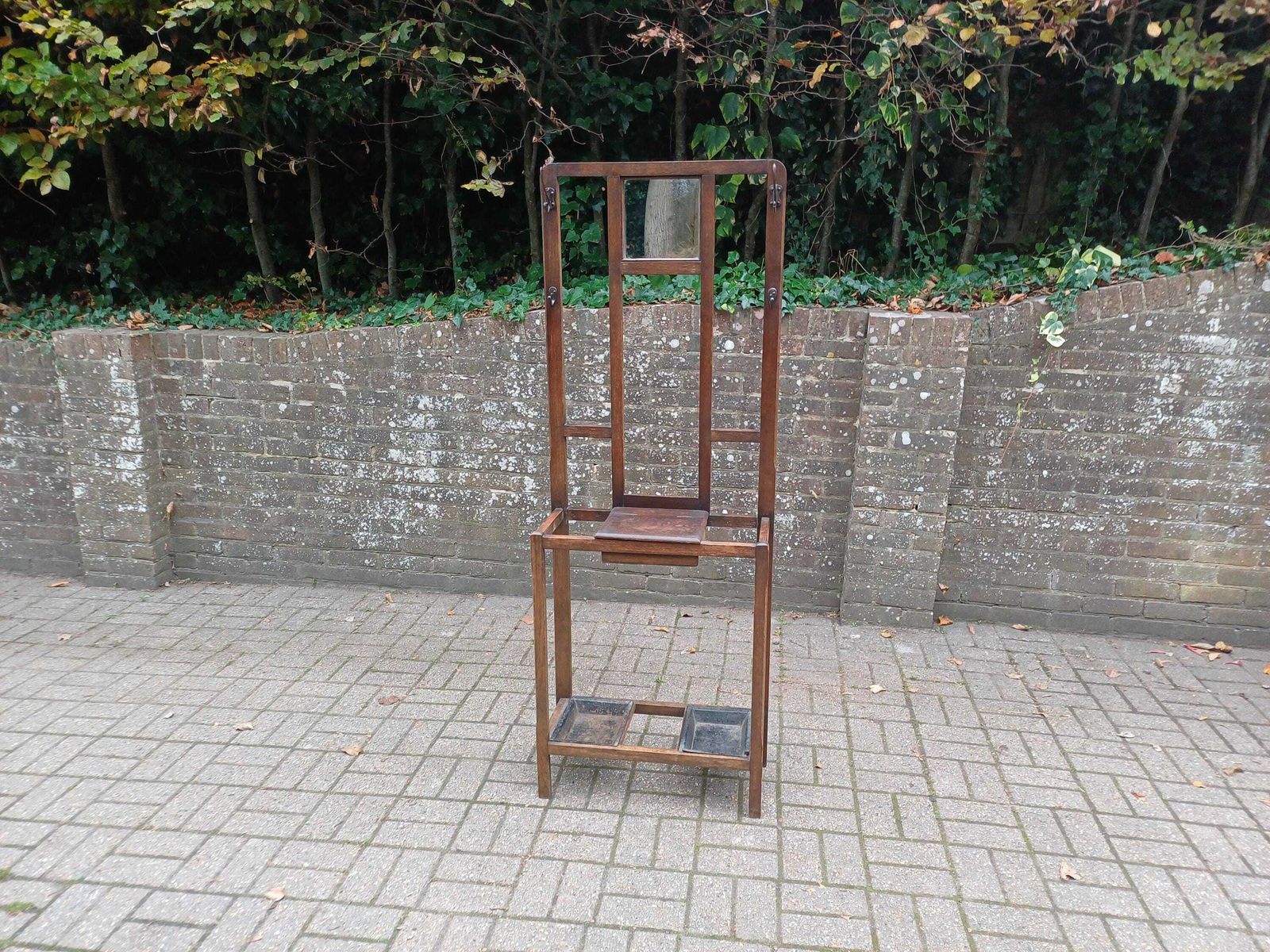 Antique Arts And  Crafts Oak Hall Stand Stick & Umbrella Stand With Mirror, 4 Hooks Lift Seat Storage And Twin Drip Trays Edwardian Entrance