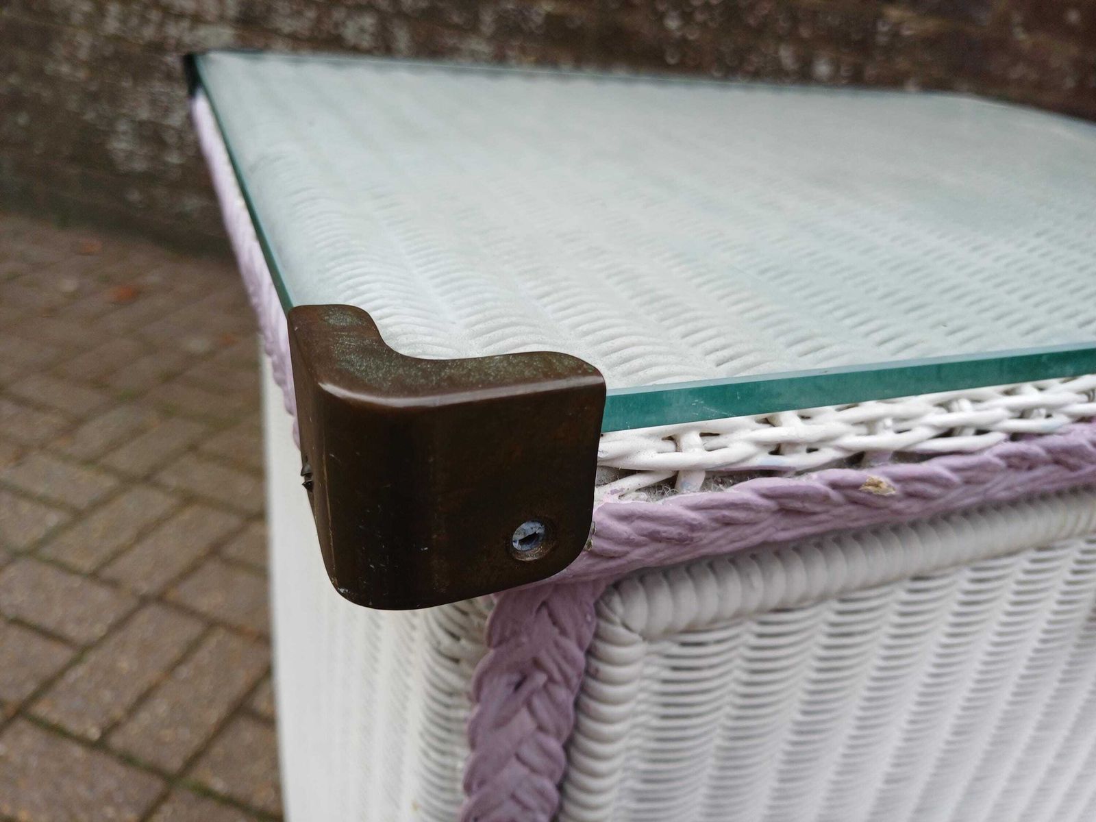 Genuine Lloyd Loom Laundry Bin With Glass Top – Vintage White & Lilac Wicker Hamper Cabinet, Brass Knob, Bathroom/Bedroom Storage Side Table photo Furniture