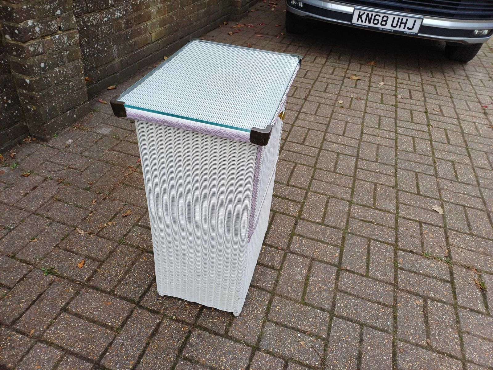 Genuine Lloyd Loom Laundry Bin With Glass Top – Vintage White & Lilac Wicker Hamper Cabinet, Brass Knob, Bathroom/Bedroom Storage Side Table photo vintage