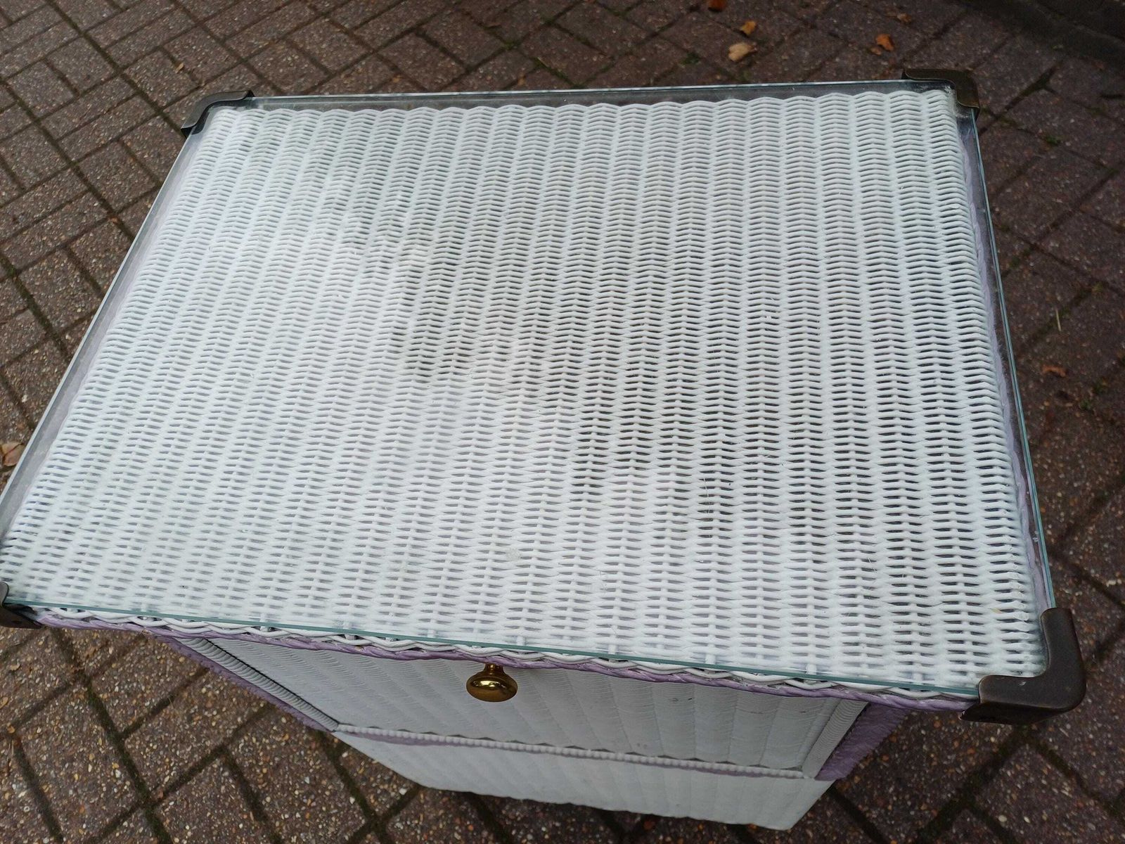 photo buy Genuine Lloyd Loom Laundry Bin With Glass Top – Vintage White & Lilac Wicker Hamper Cabinet, Brass Knob, Bathroom/Bedroom Storage Side Table