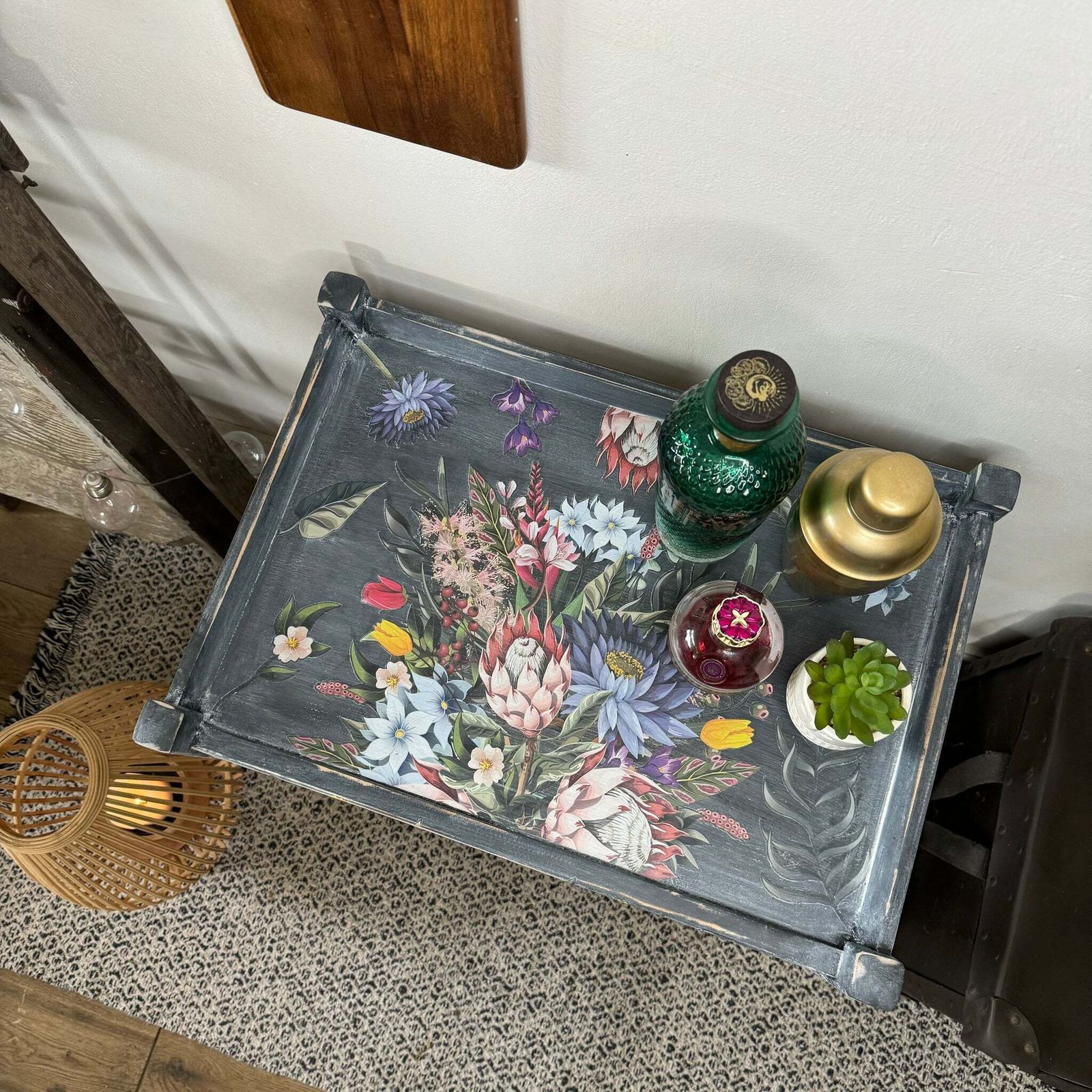 Vintage Bar Cart / Drinks Tea Trolley Painted Grey And Floral photo furniture
