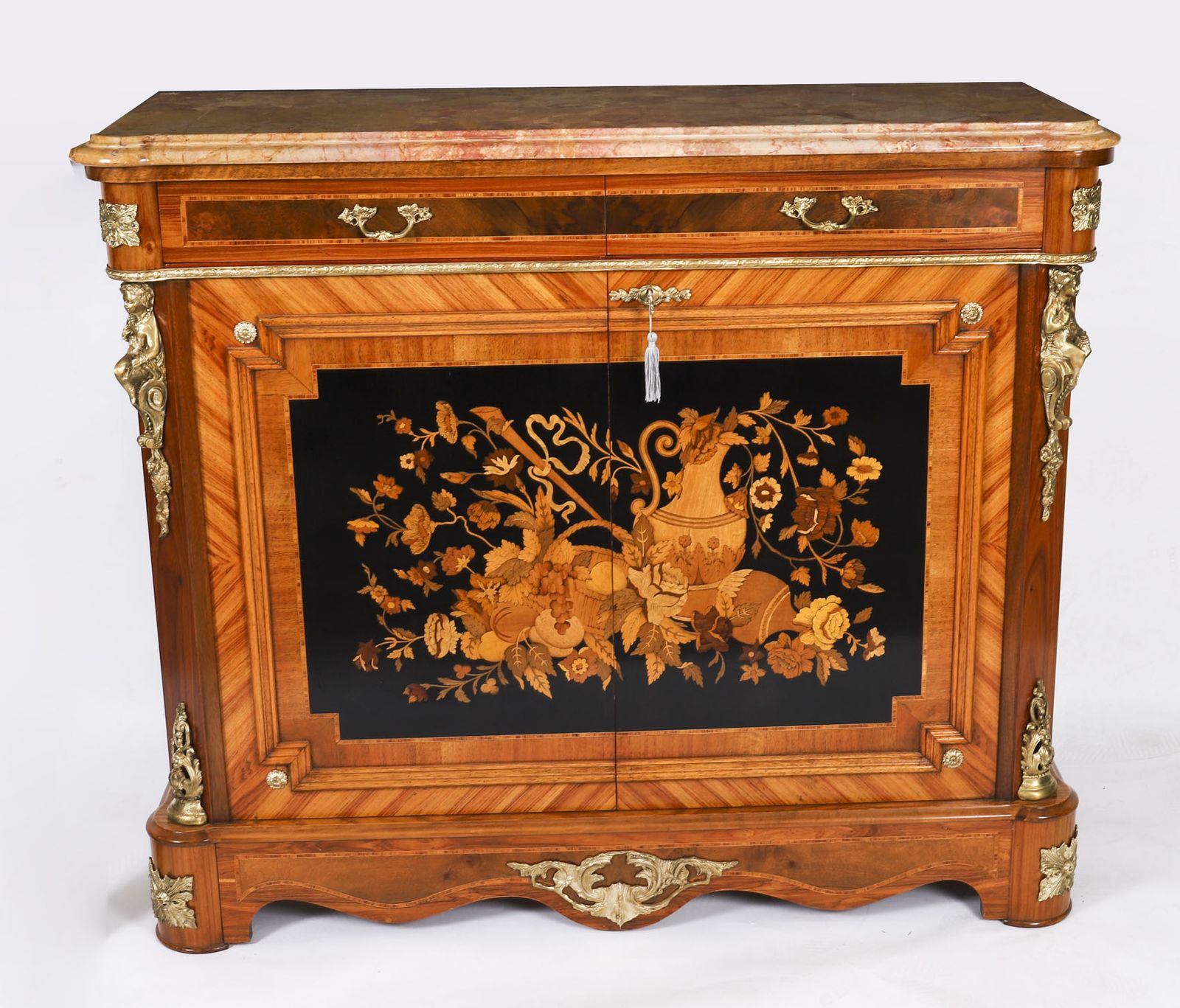 Antique French Floral Marquetry Marble Topped Side Cabinet Circa 1900 photo furniture