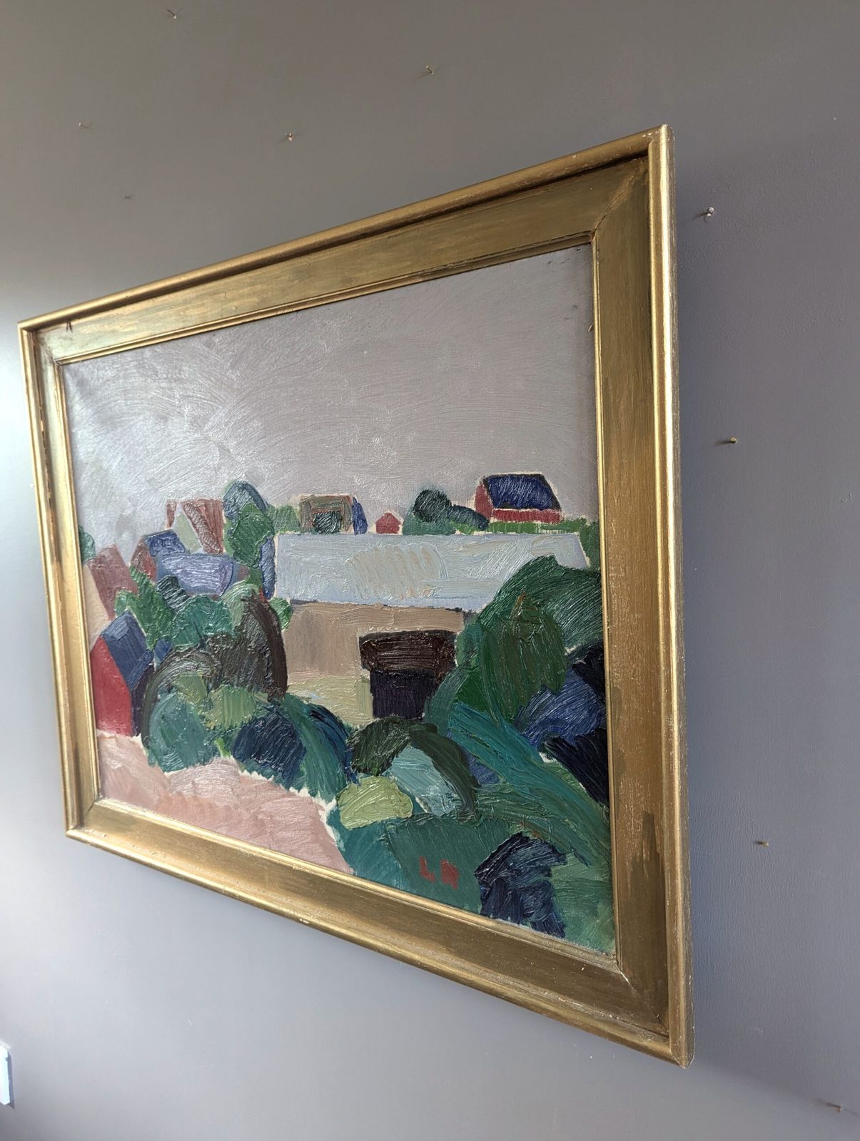 Oil Painting Hillside Houses, Modernist photo for sale