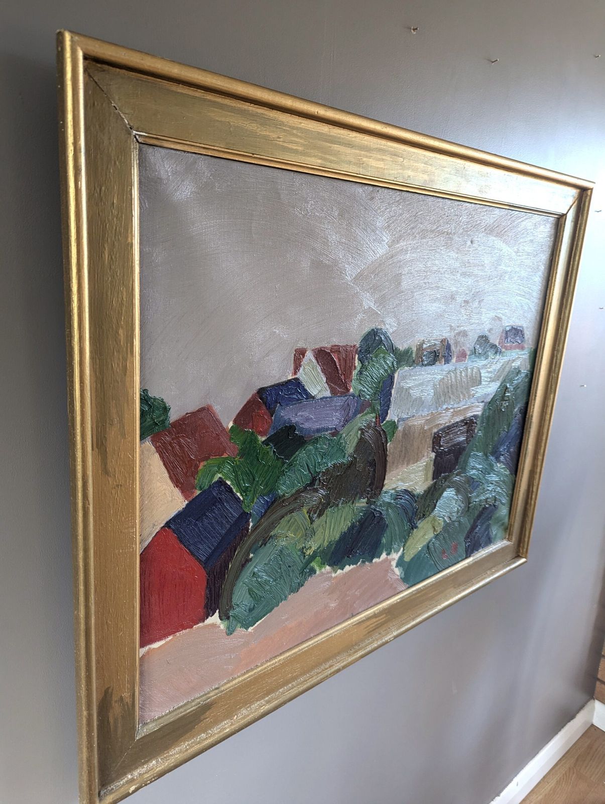 Oil Painting Hillside Houses, Modernist photo Art