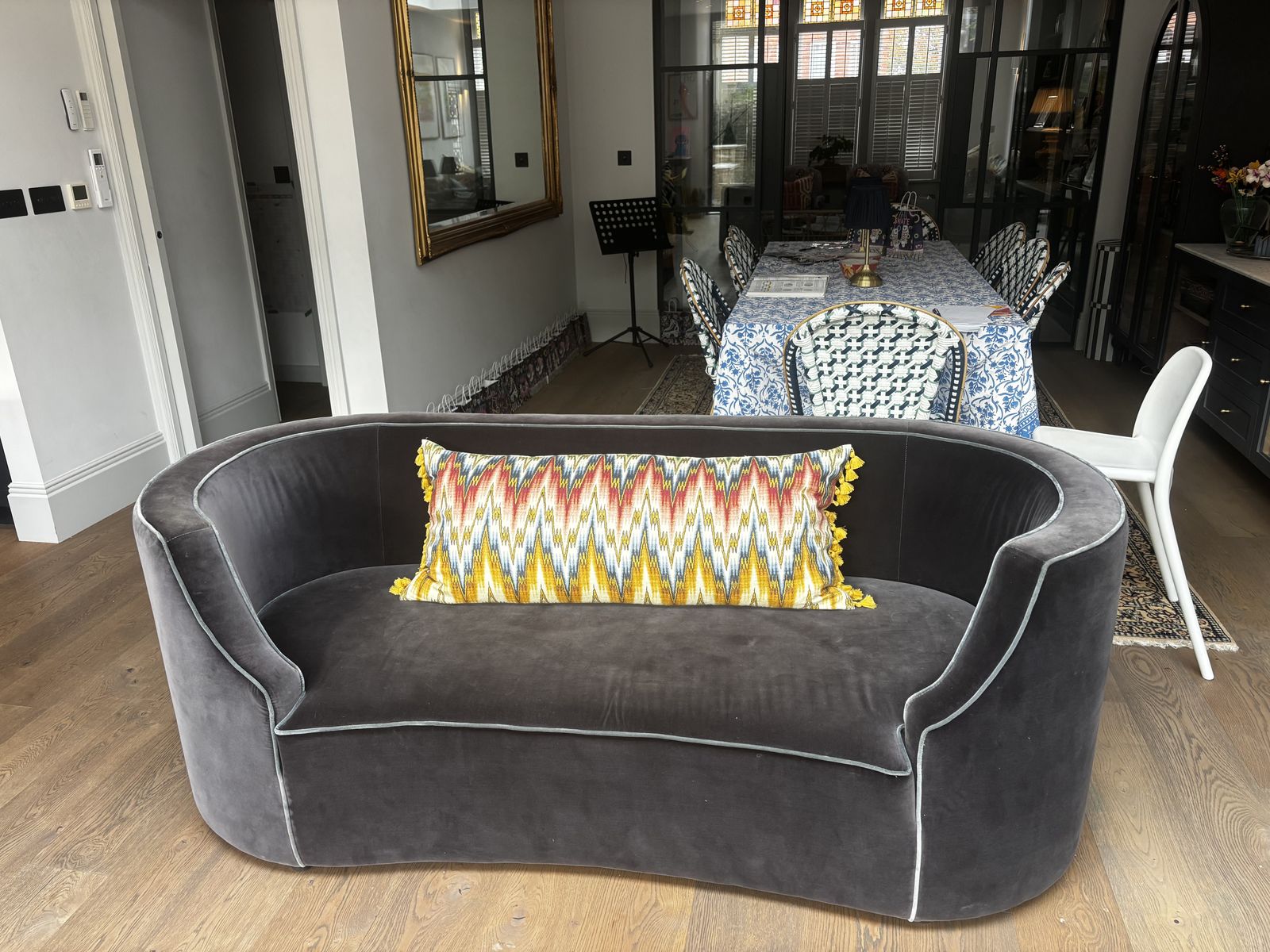 Oka Nell 2.5 Seater Sofa   Charcoal Velvet With Airforce Blue Trim
