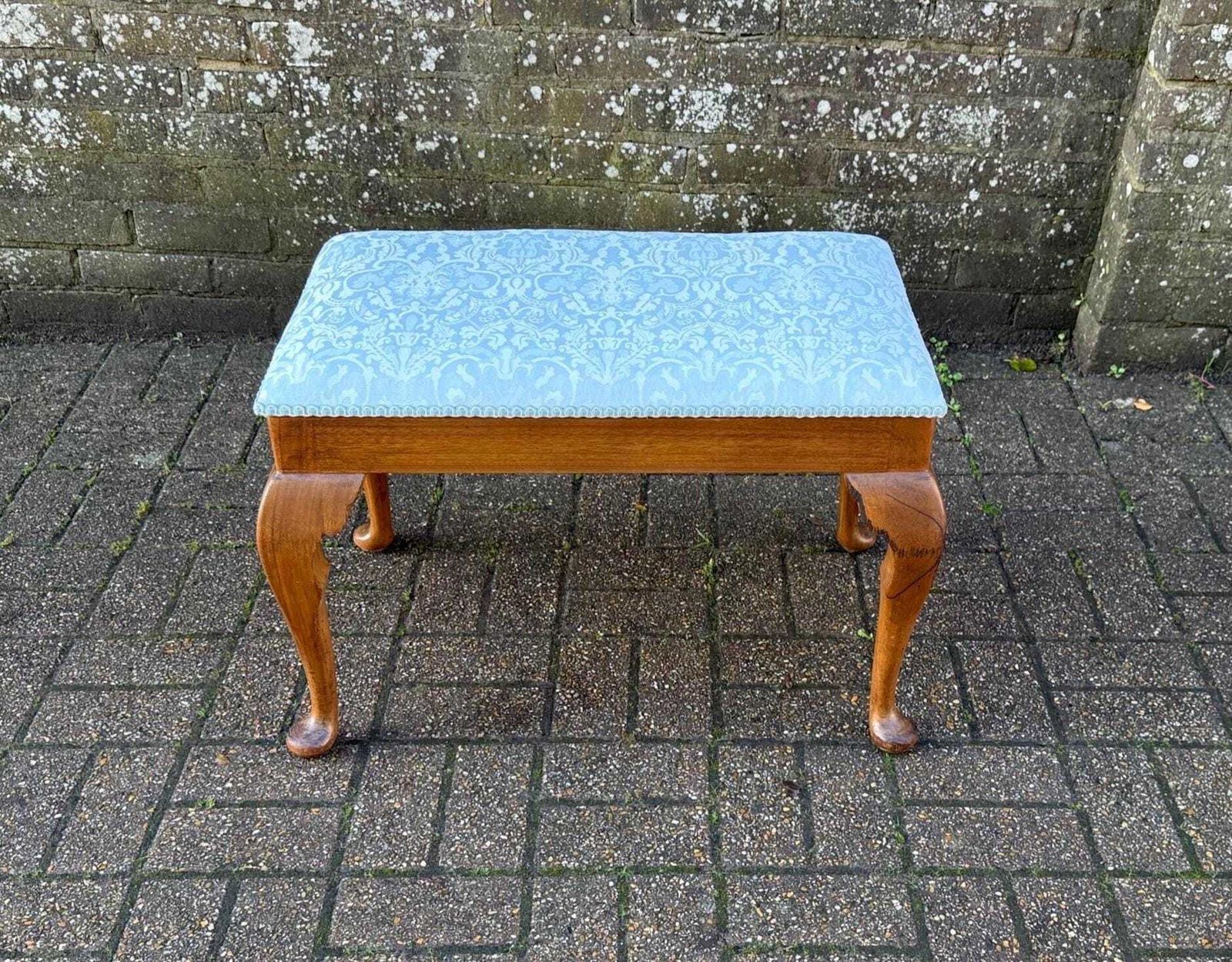 Vintage 1950s Morris Of Glasgow Queen Anne Style Stool, Re Upholstered Mahogany Bench, Mid Century Vanity Seat Blue Damask Fabric