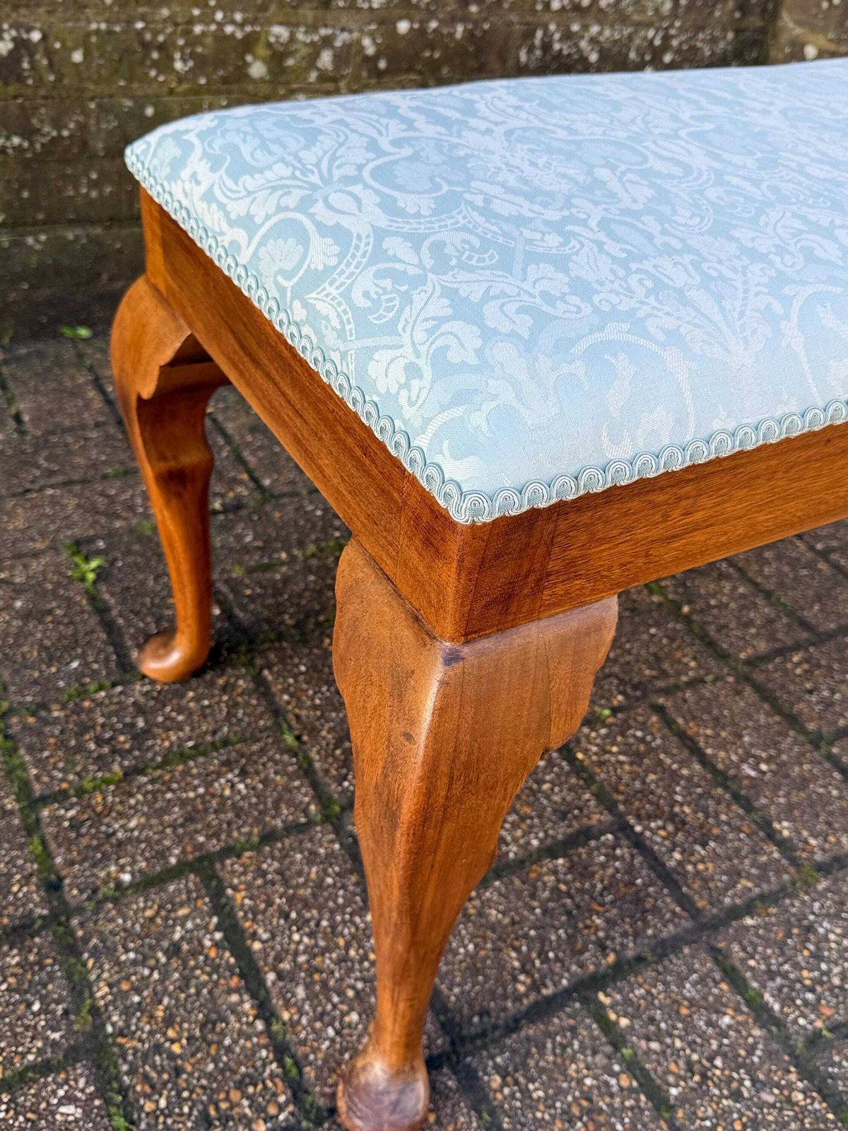 Vintage 1950s Morris Of Glasgow Queen Anne Style Stool, Re Upholstered Mahogany Bench, Mid Century Vanity Seat Blue Damask Fabric photo 236.0