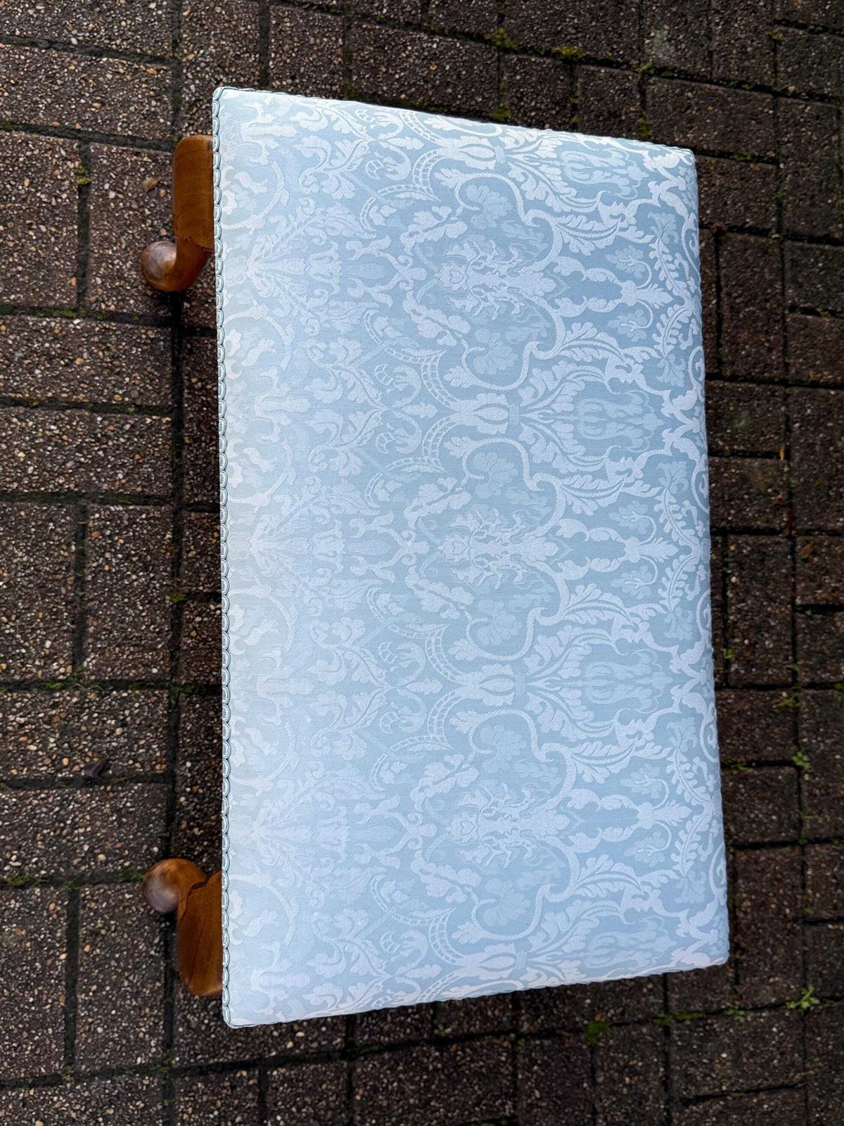 photo furniture Vintage 1950s Morris Of Glasgow Queen Anne Style Stool, Re Upholstered Mahogany Bench, Mid Century Vanity Seat Blue Damask Fabric