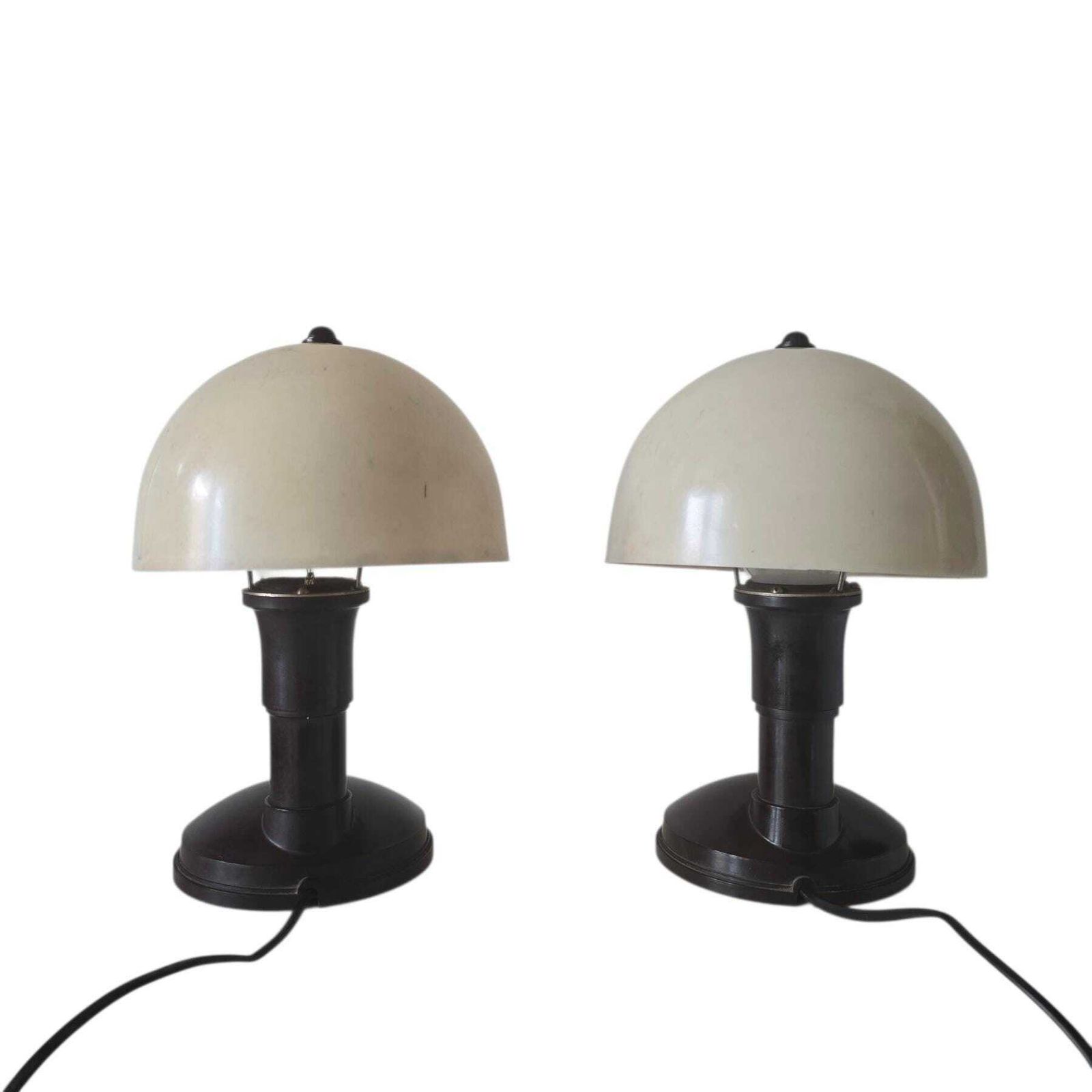 Vintage Zeldzame Bakelieten Paddenstoellamp, Art Deco Stijl, Bruine Voet Met Gemarmerde Bakelieten Kap – Prijs Is Per Lamp photo Verlichting