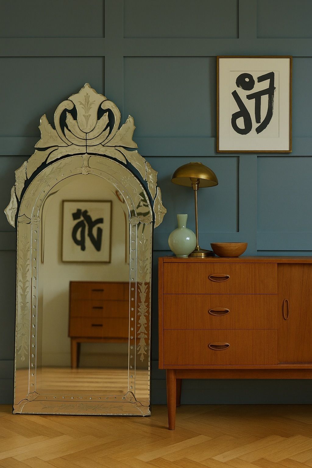 photo vinterior Mid Century Modern Venetian Etched And Bevelled Wall Mirror, 1950s