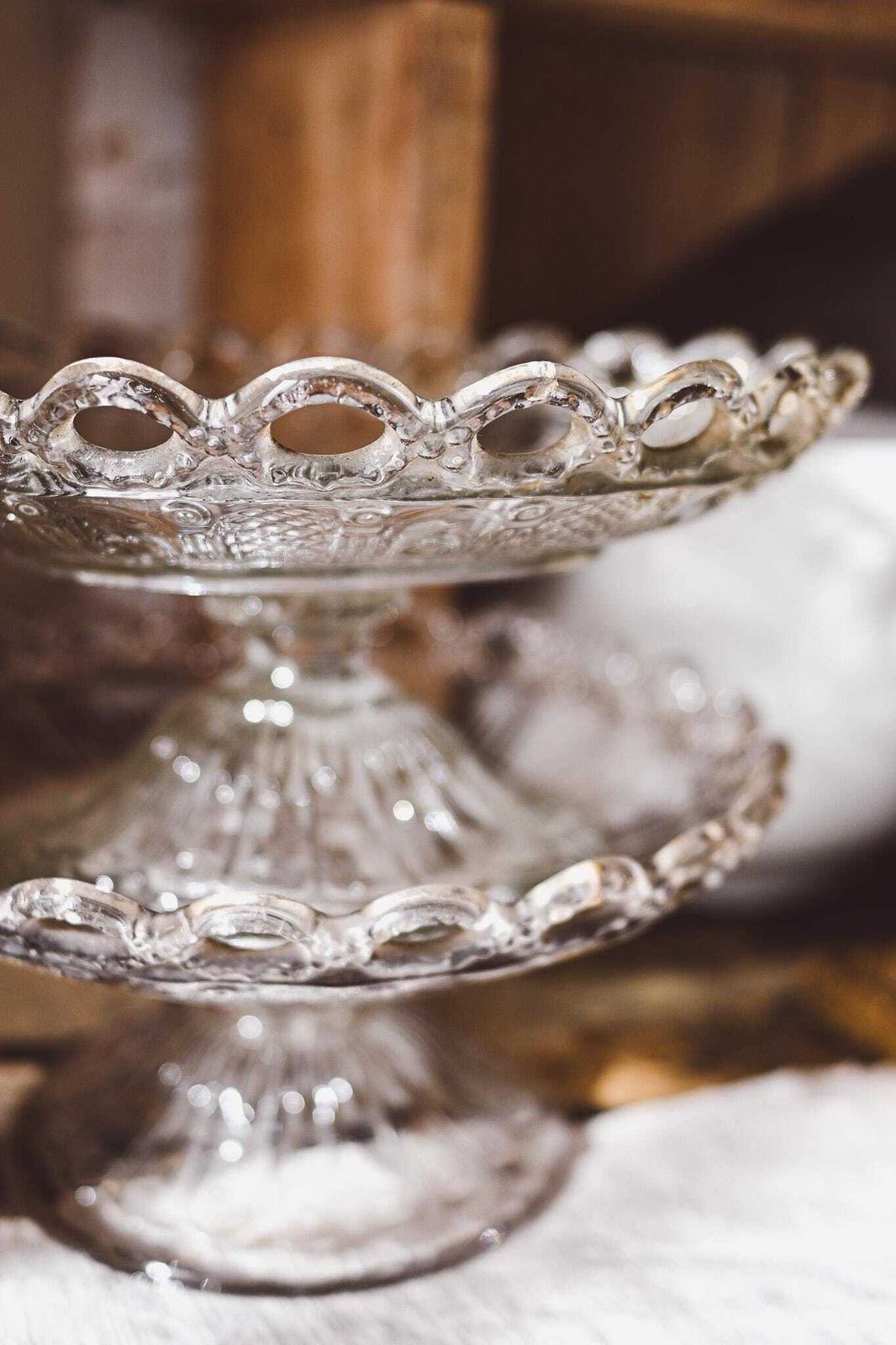 Vintage Pressed Glass Cake Stand Compote Antique Glass Pedestal Plate Crystal Dessert Stand Small Cake Plate Set Of 2