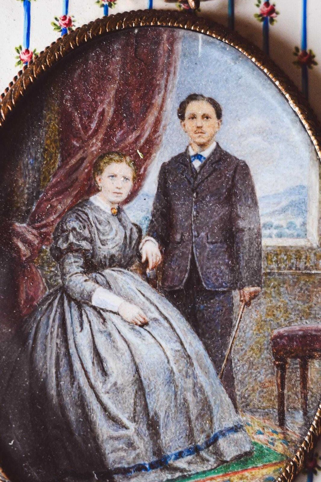 Antique Bronze & Porcelain Frame With Hand Painted Miniature Portrait | Rococo Victorian Couple | 19x22cm French Baroque Decor photo for sale