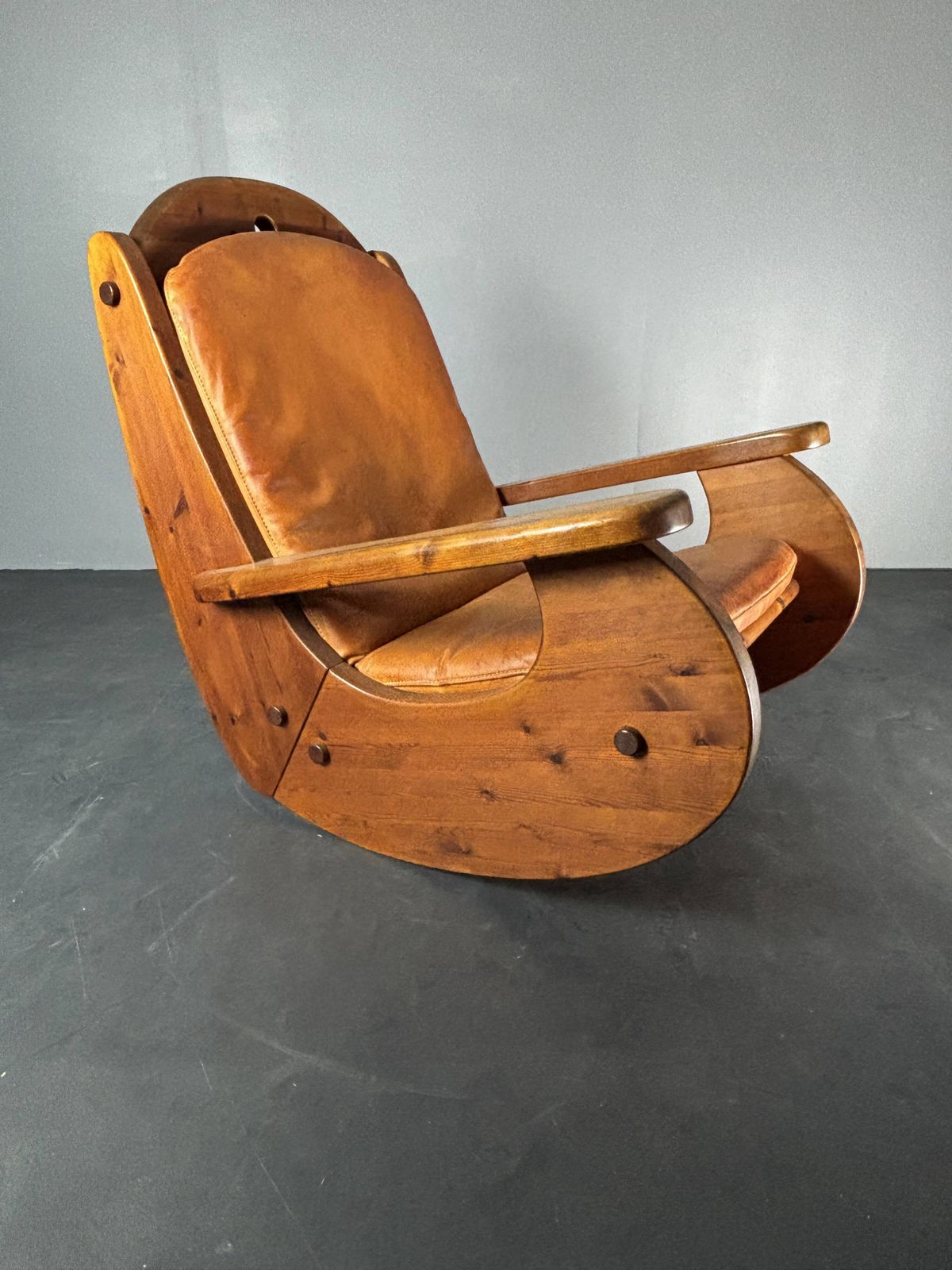 Brutalist Pine Rocking Lounge Chair With Leather Seat By Wasa 1984 photo furniture