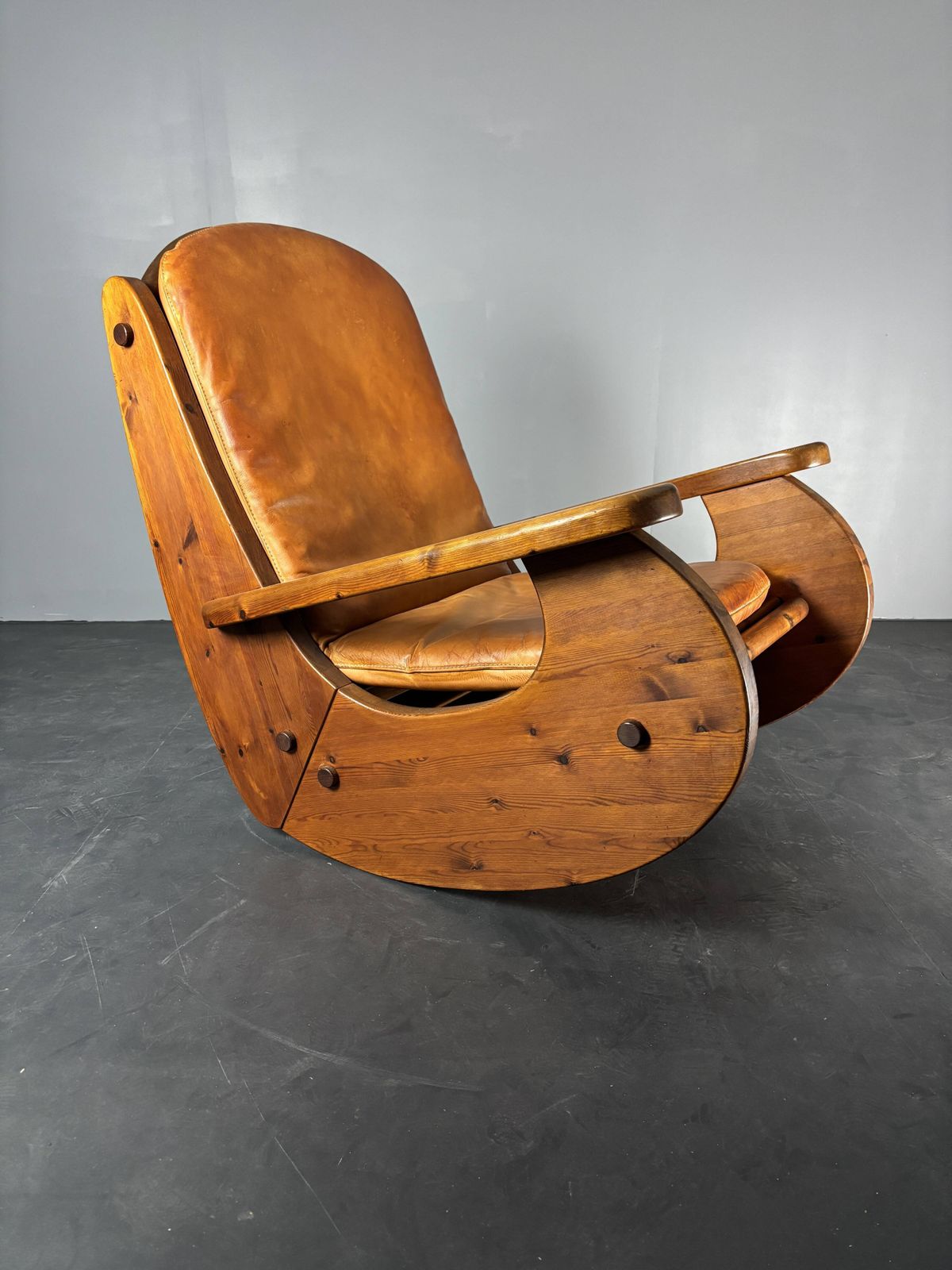 Brutalist Pine Rocking Lounge Chair With Leather Seat By Wasa 1984 photo Furniture