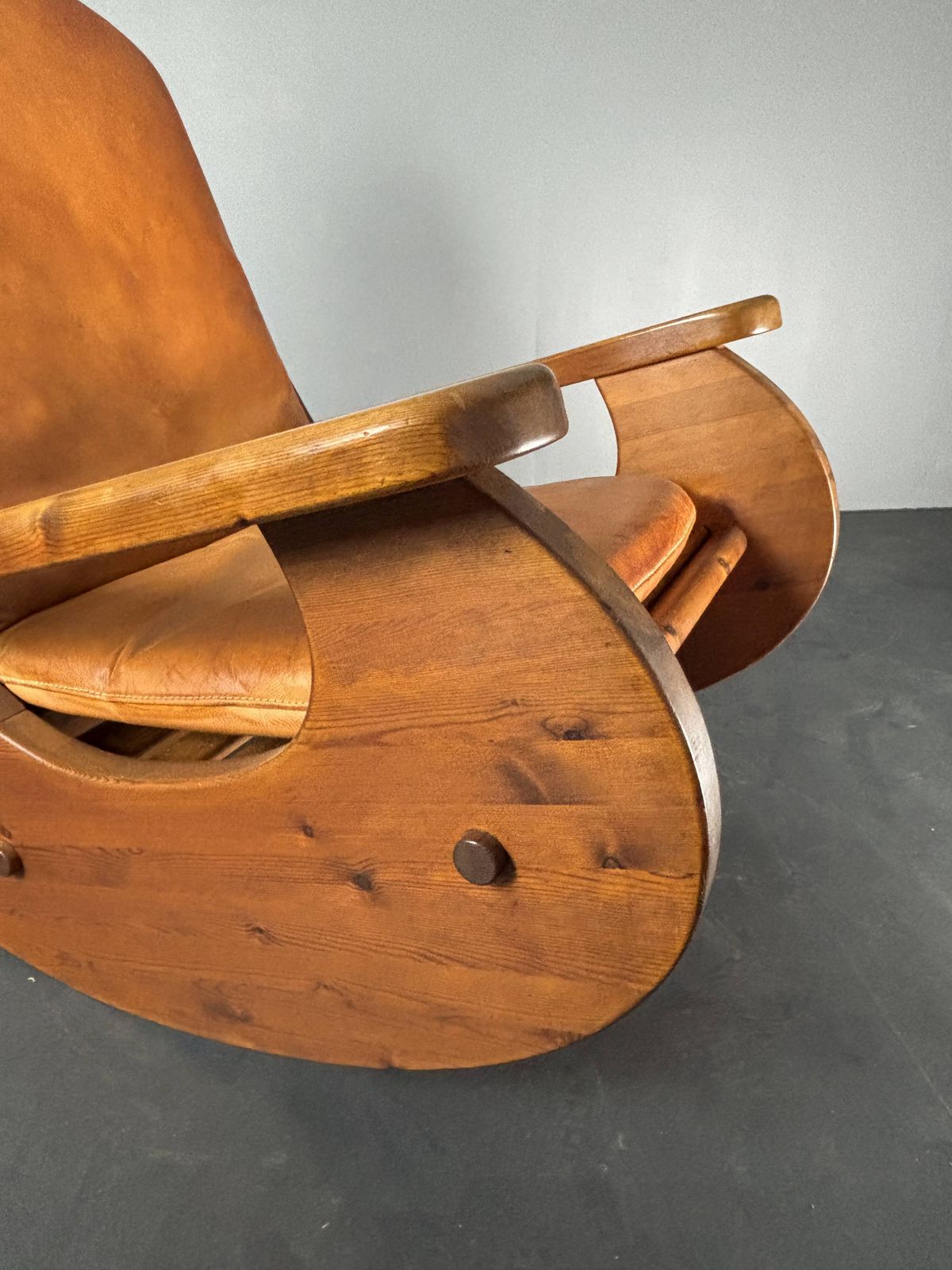 photo furniture Brutalist Pine Rocking Lounge Chair With Leather Seat By Wasa 1984