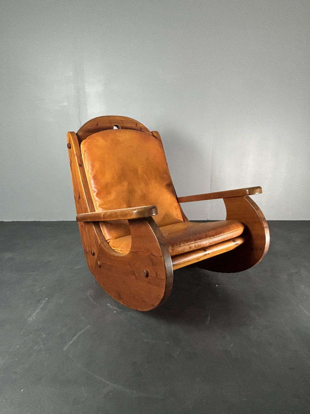 photo for sale Brutalist Pine Rocking Lounge Chair With Leather Seat By Wasa 1984