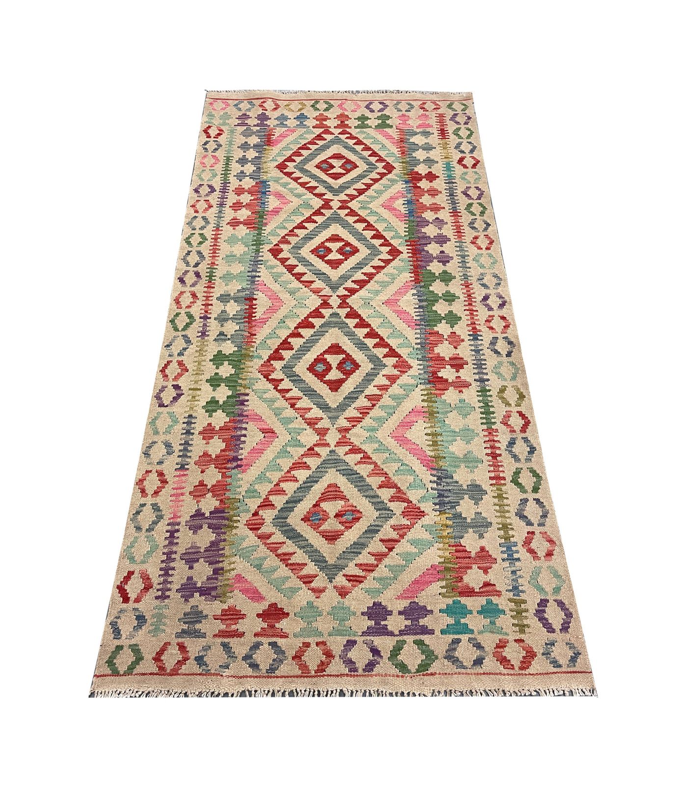 Beige And Pink Geometric Kilim Rug photo for sale