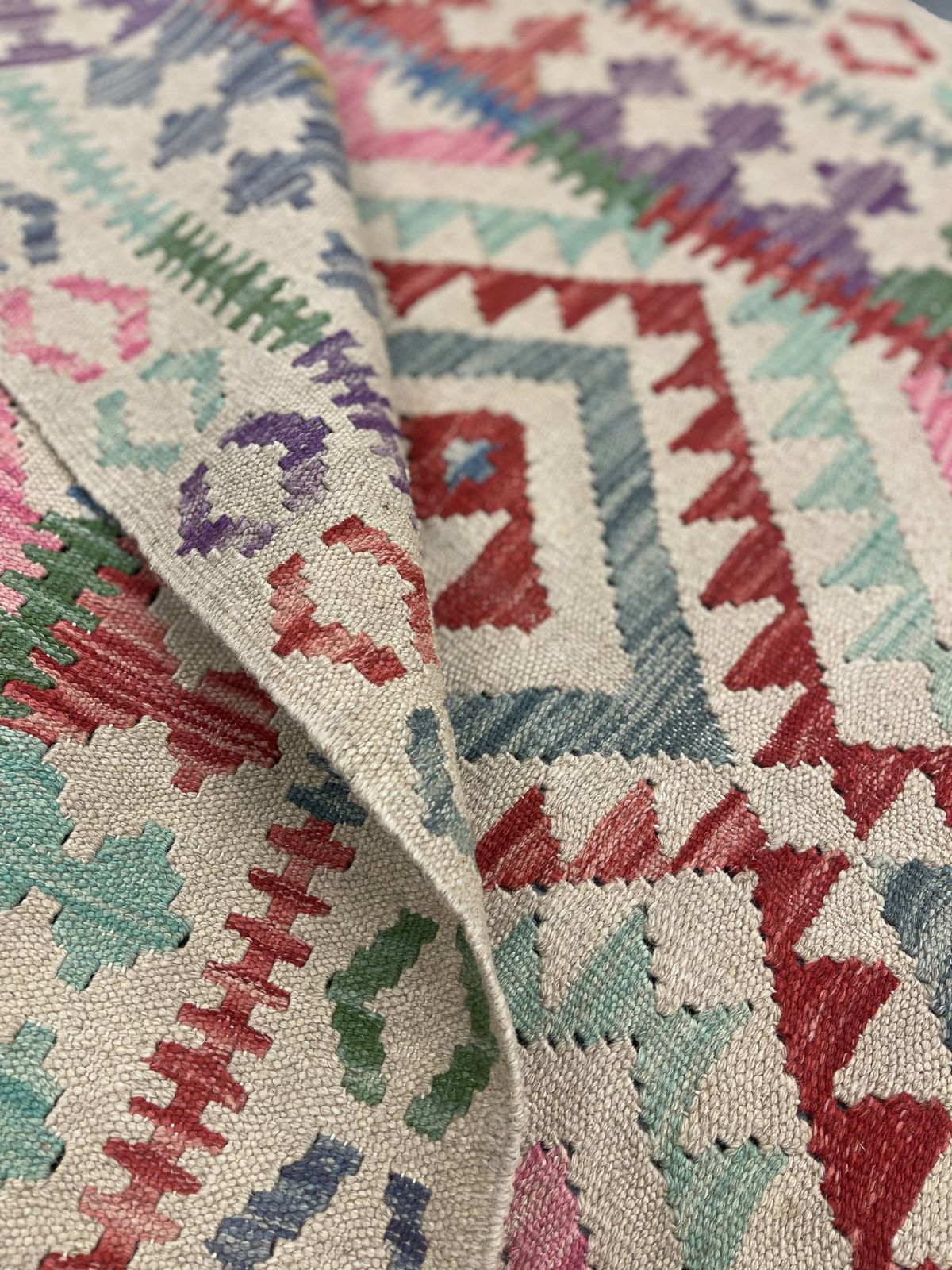 photo for sale Beige And Pink Geometric Kilim Rug