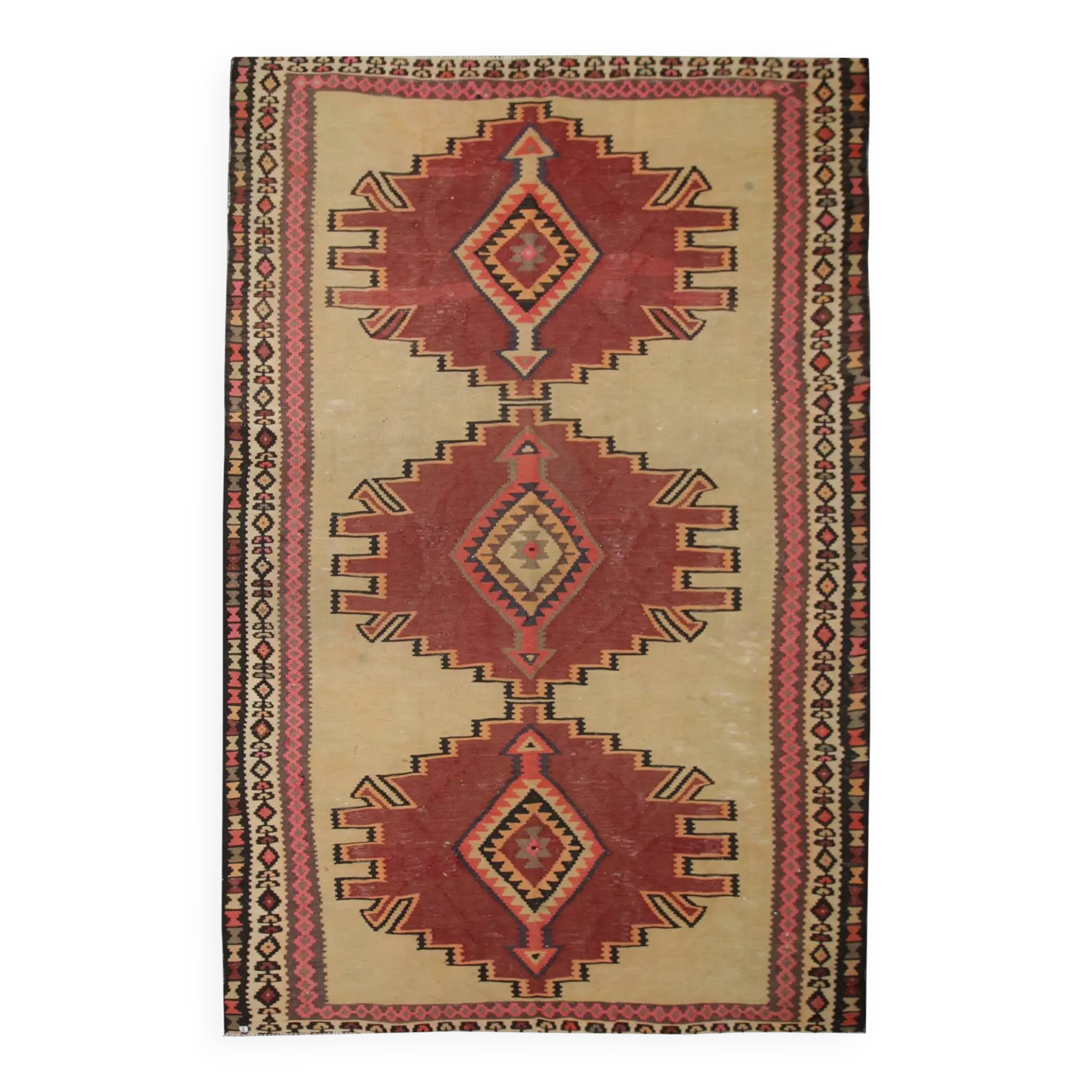 Vintage Kilim Rug 1980s Beige Terracotta Wool Flat Weave 290 X 175 Cm