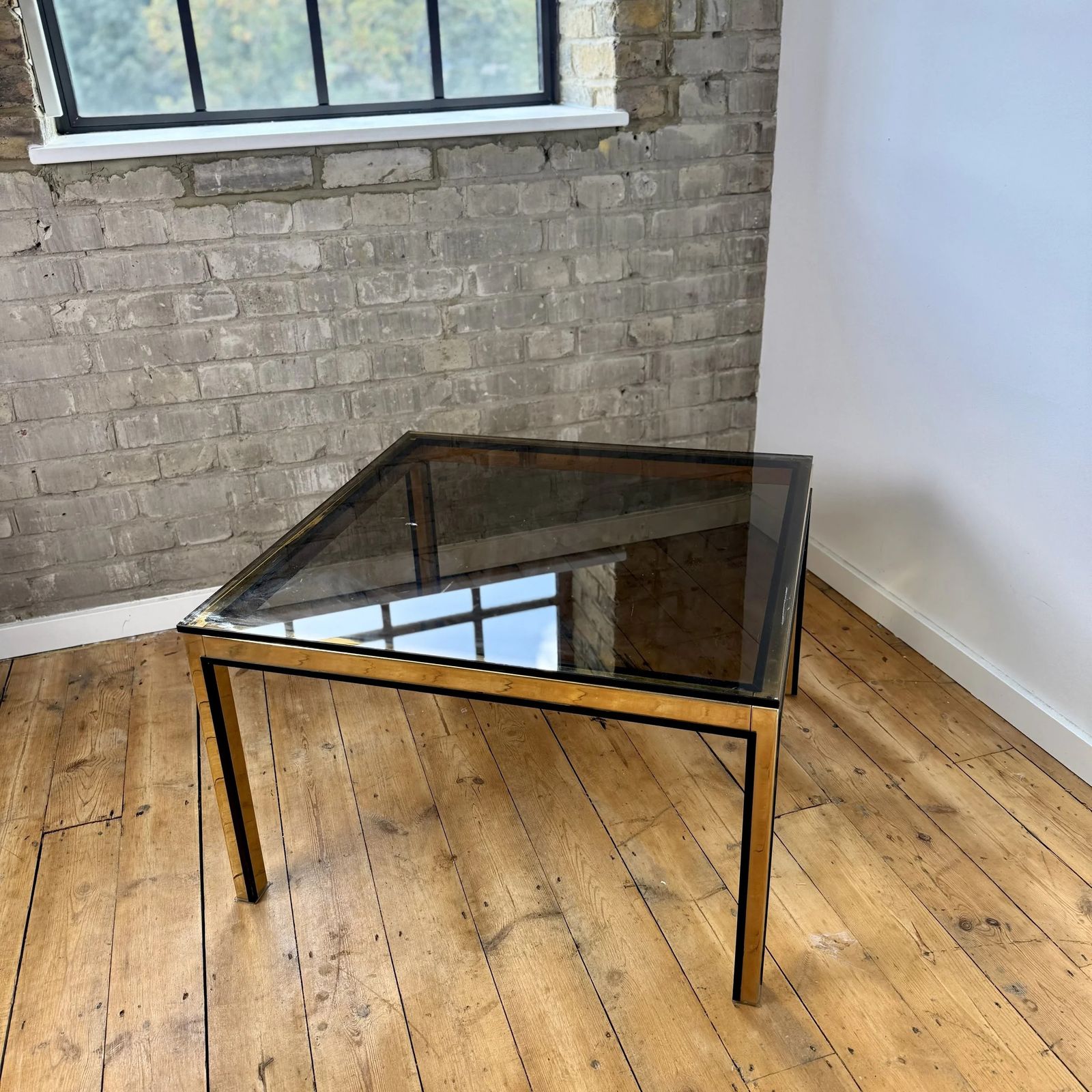 Romeo Rega Style Italian Gold And Black Border Smoked Glass Coffee Table, 1970 photo furniture