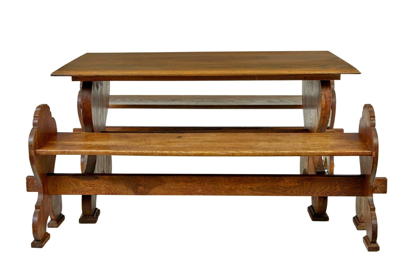 photo furniture Flemish 19th Century Carved Oak Gothic Revival Dining Table And Benches