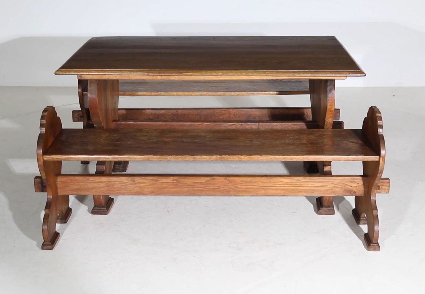 photo for sale Flemish 19th Century Carved Oak Gothic Revival Dining Table And Benches