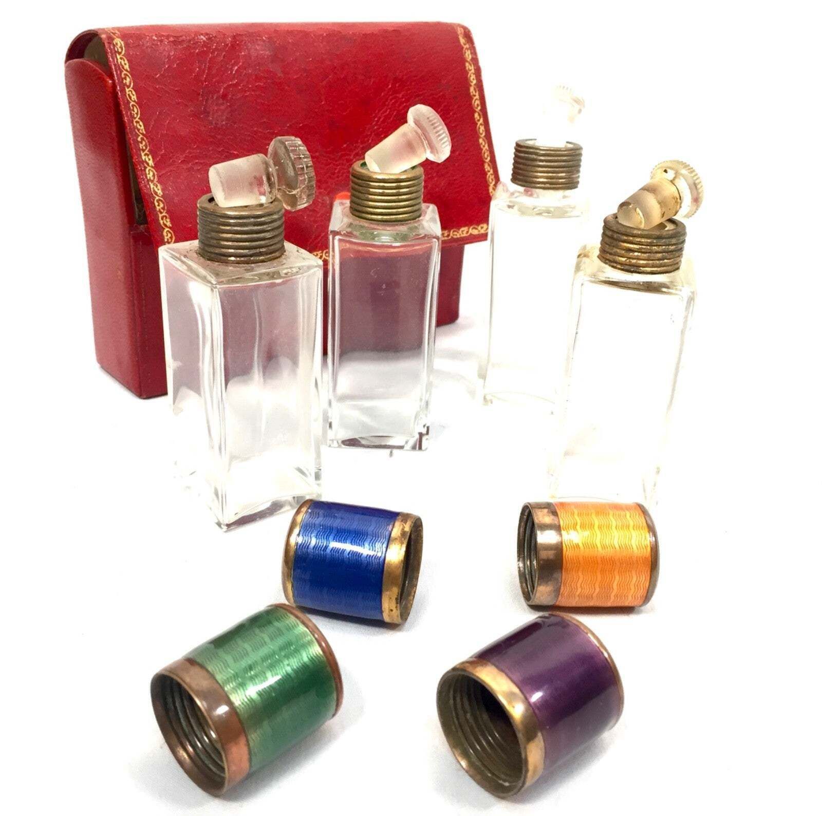 photo for sale Antique Art Deco Glass Travel Fragrance Perfume Scent Bottle Set & Enamel Lids