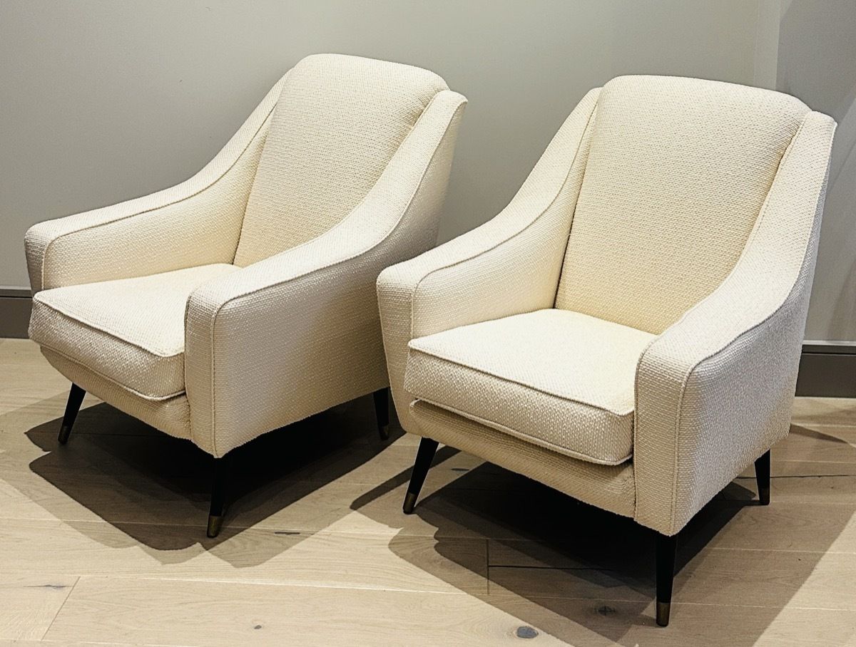 Pair Of 1950s French Cream Boucle & Brass Legs Lounge Armchairs photo furniture