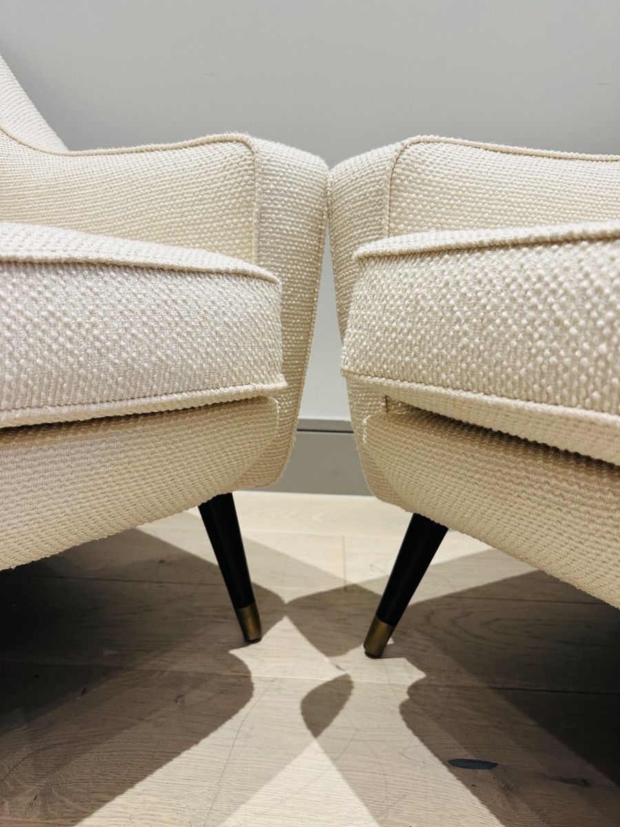 Pair Of 1950s French Cream Boucle & Brass Legs Lounge Armchairs photo vinterior