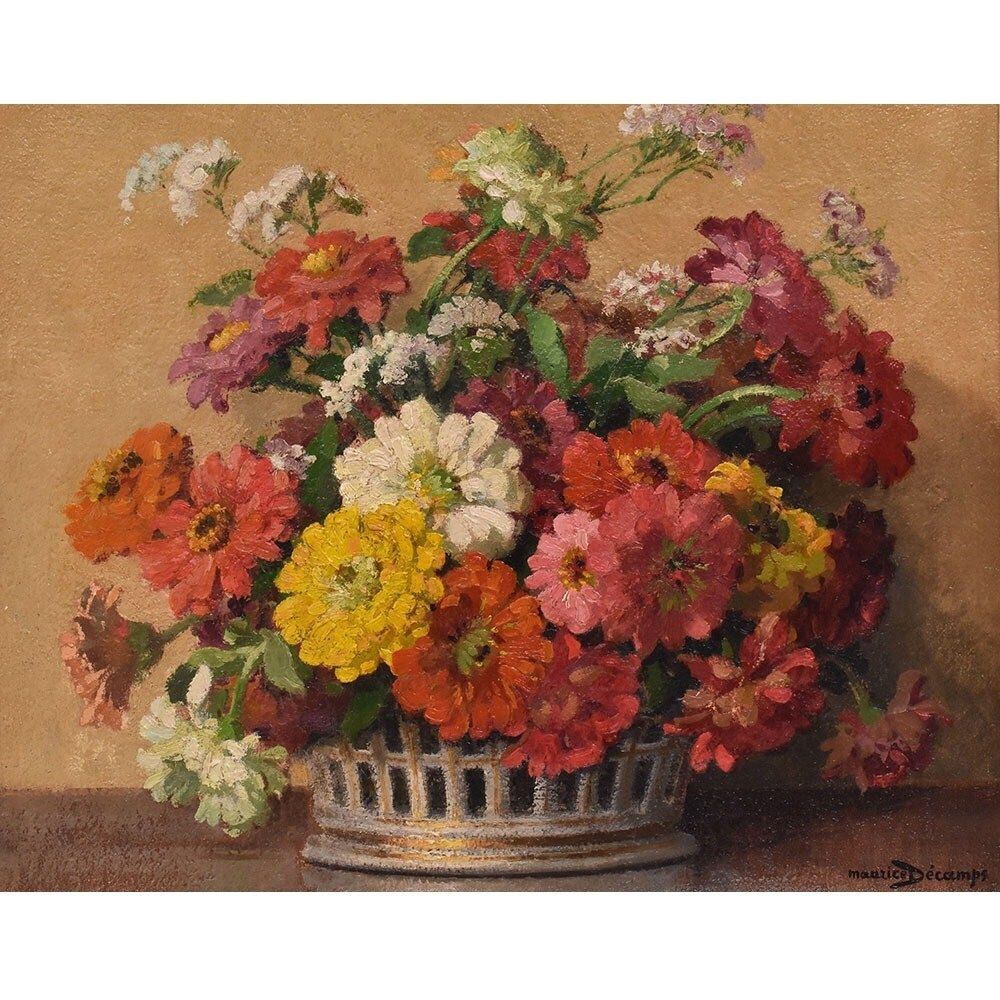 Flowers Art Deco Still Life Painting, Zinnias And Gerberas, Oil On Canvas, XX. photo for sale