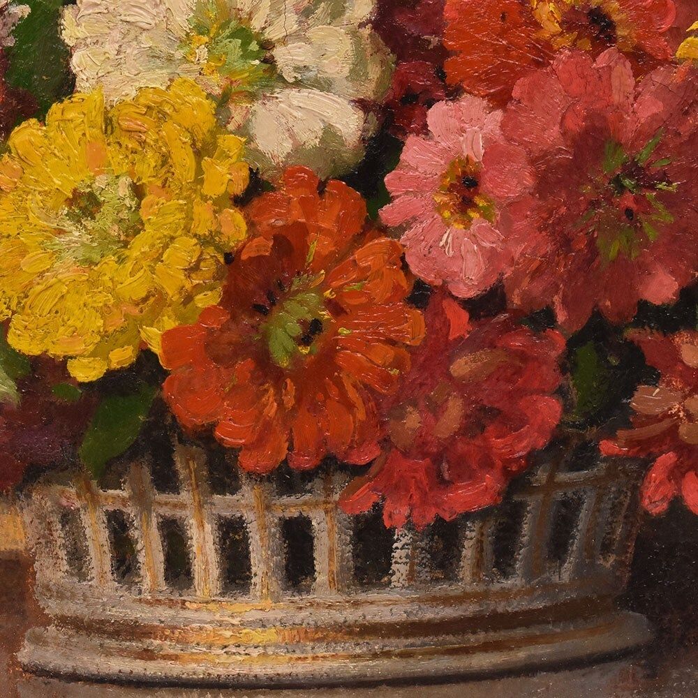 Flowers Art Deco Still Life Painting, Zinnias And Gerberas, Oil On Canvas, XX. photo vinterior