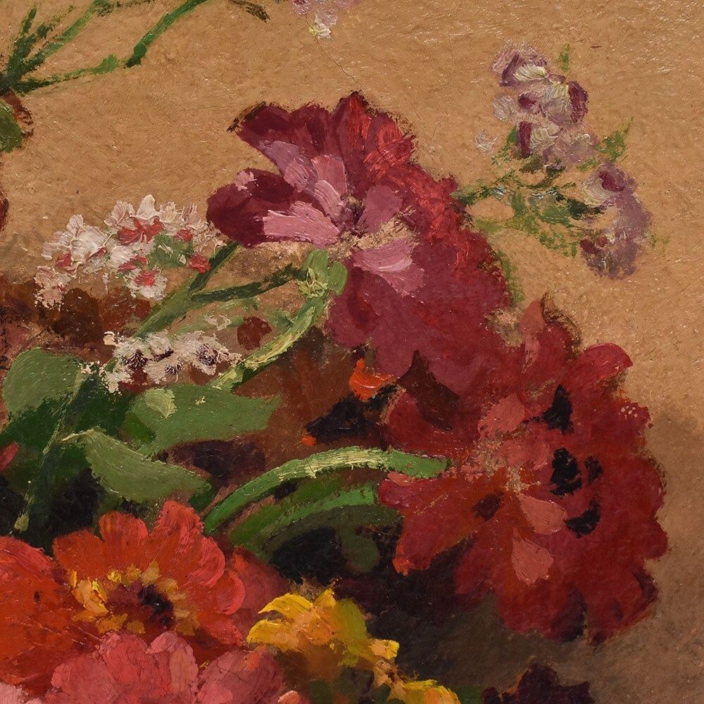 Flowers Art Deco Still Life Painting, Zinnias And Gerberas, Oil On Canvas, XX. photo buy