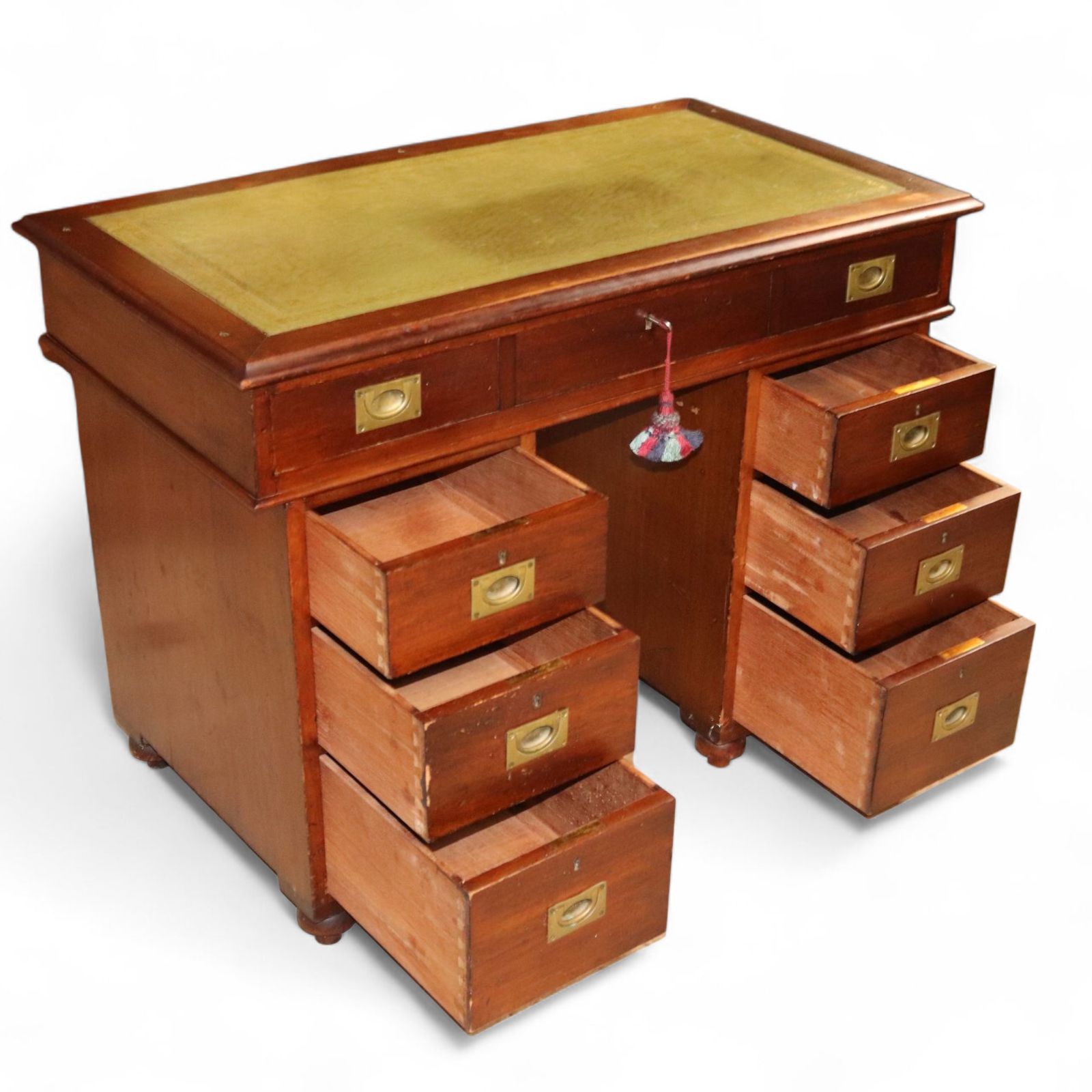 Vintage Mahogany Military Campaign Style Leather Top Pedestal Writing Desk photo for sale