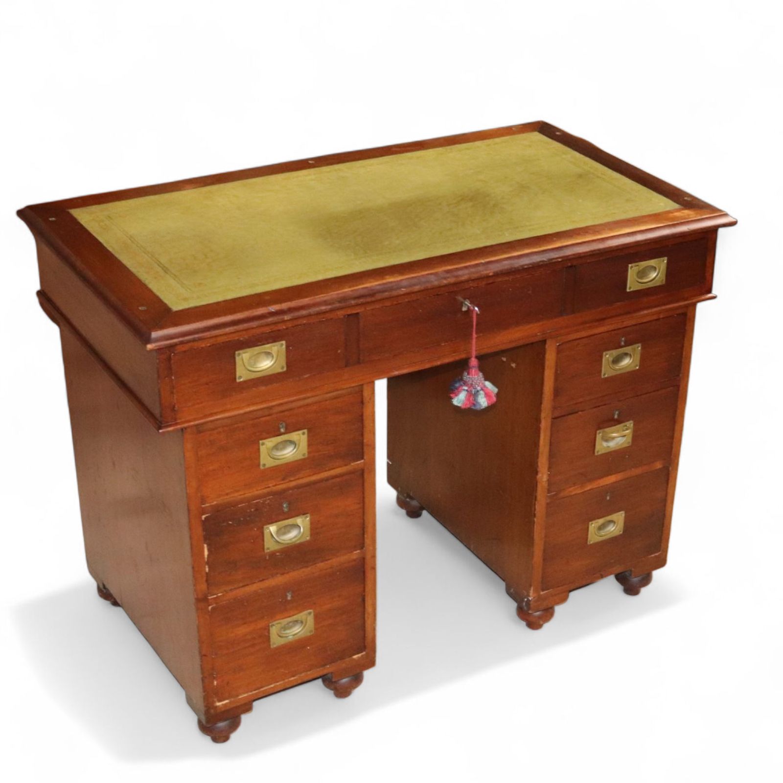 Vintage Mahogany Military Campaign Style Leather Top Pedestal Writing Desk photo vintage