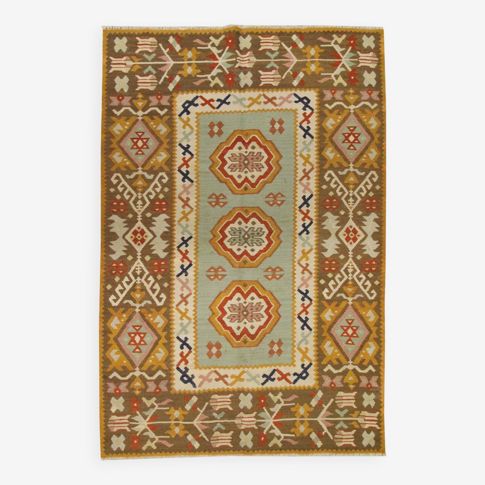 Antique Anatolian Kilim Rug, Flat Weave In Turquoise And Mustard Blue, 141 X 93 Cm