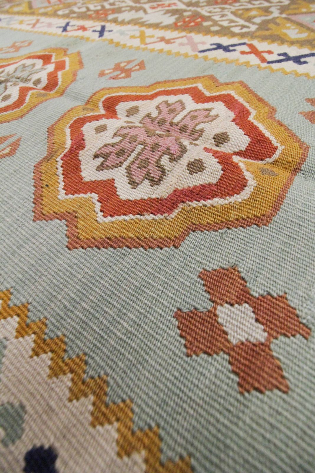 photo for sale Antique Anatolian Kilim Rug, Flat Weave In Turquoise And Mustard Blue, 141 X 93 Cm