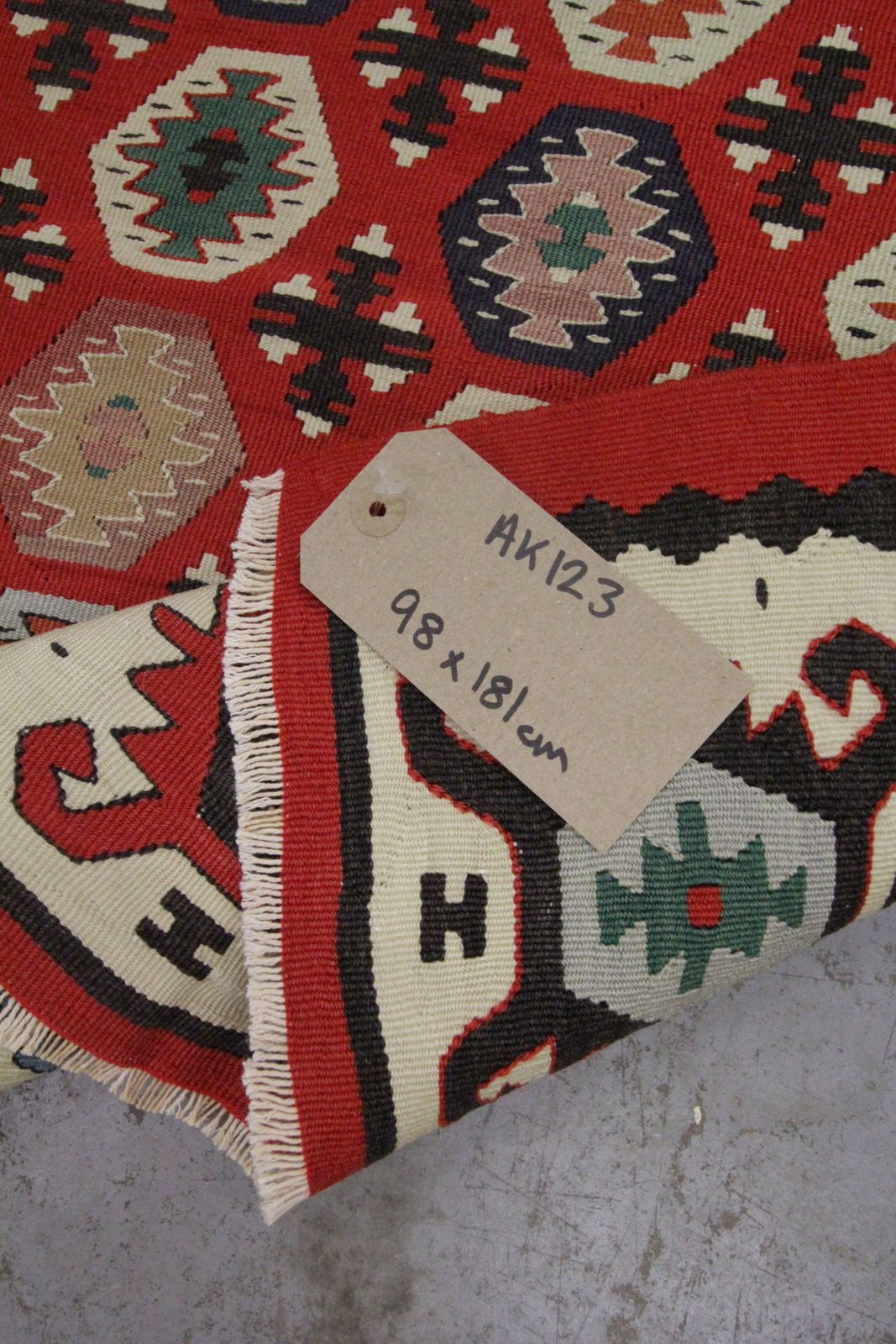 Handwoven Turkish Kilim Rug, 1960s, Red Geometric Pattern, 98 X 181 Cm photo vintage