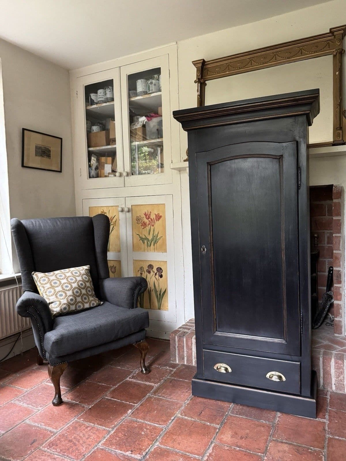 Repro Black Antique Style Solid Oak Linen Larder Kitchen Hall Toy Cupboard photo vinterior