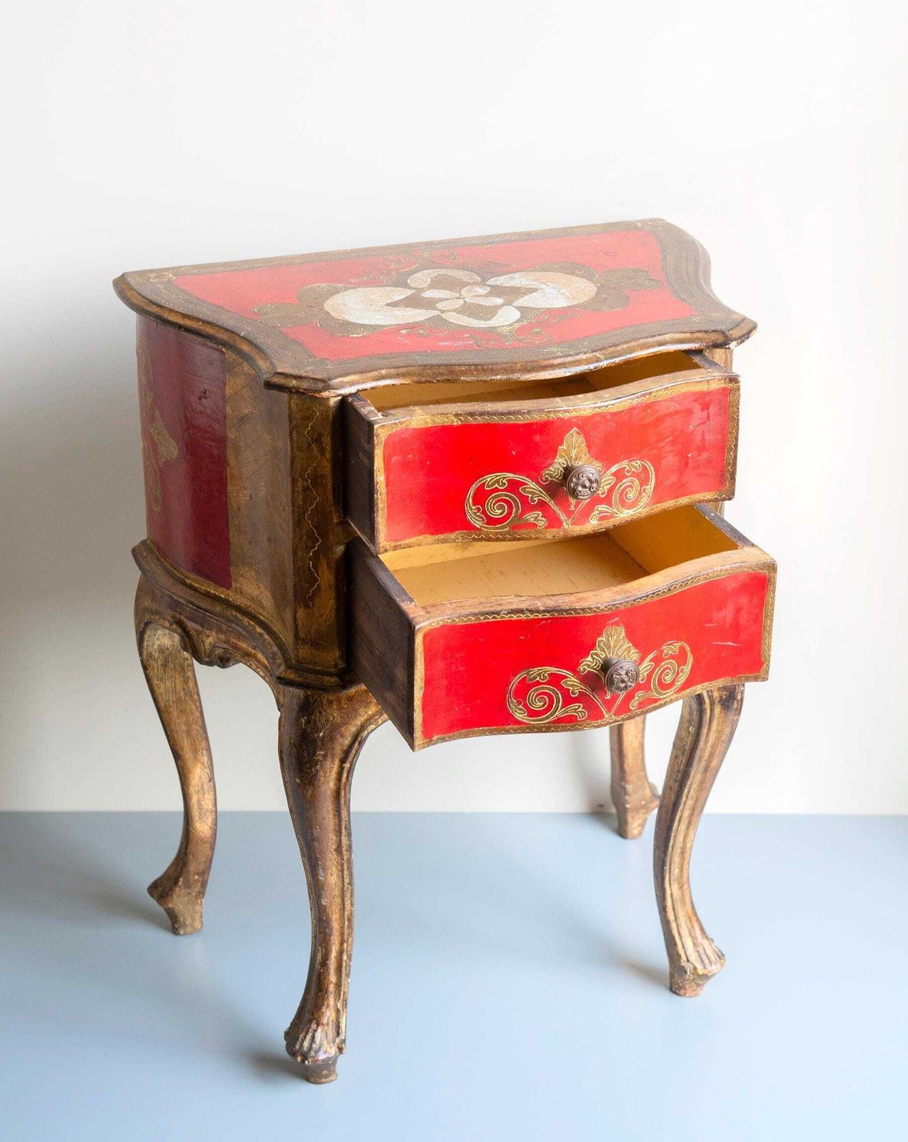 Italian Chest With Two Drawers Vintage Florentine Cabinet 1960s Red Lacquered Cupboard Baroque Gilt Bedside Table Curved Legs photo 523.0