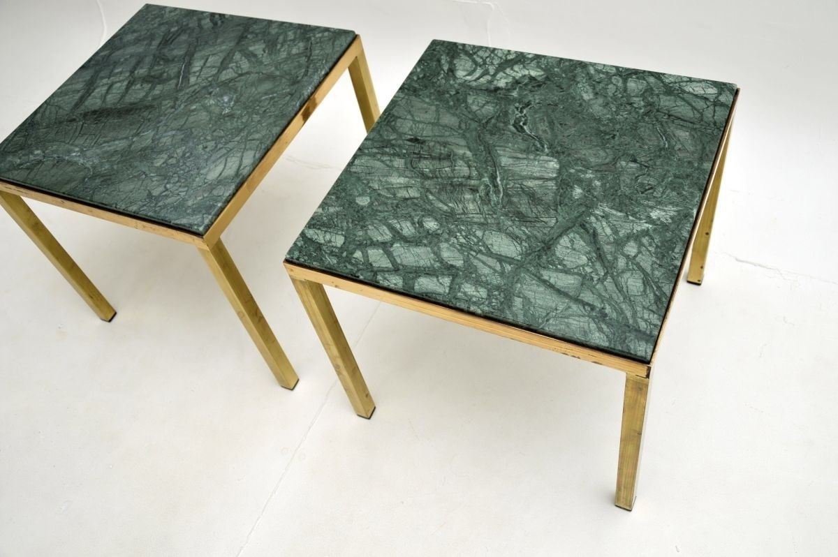 Pair Of Vintage French Brass Marble Top Side Tables photo for sale