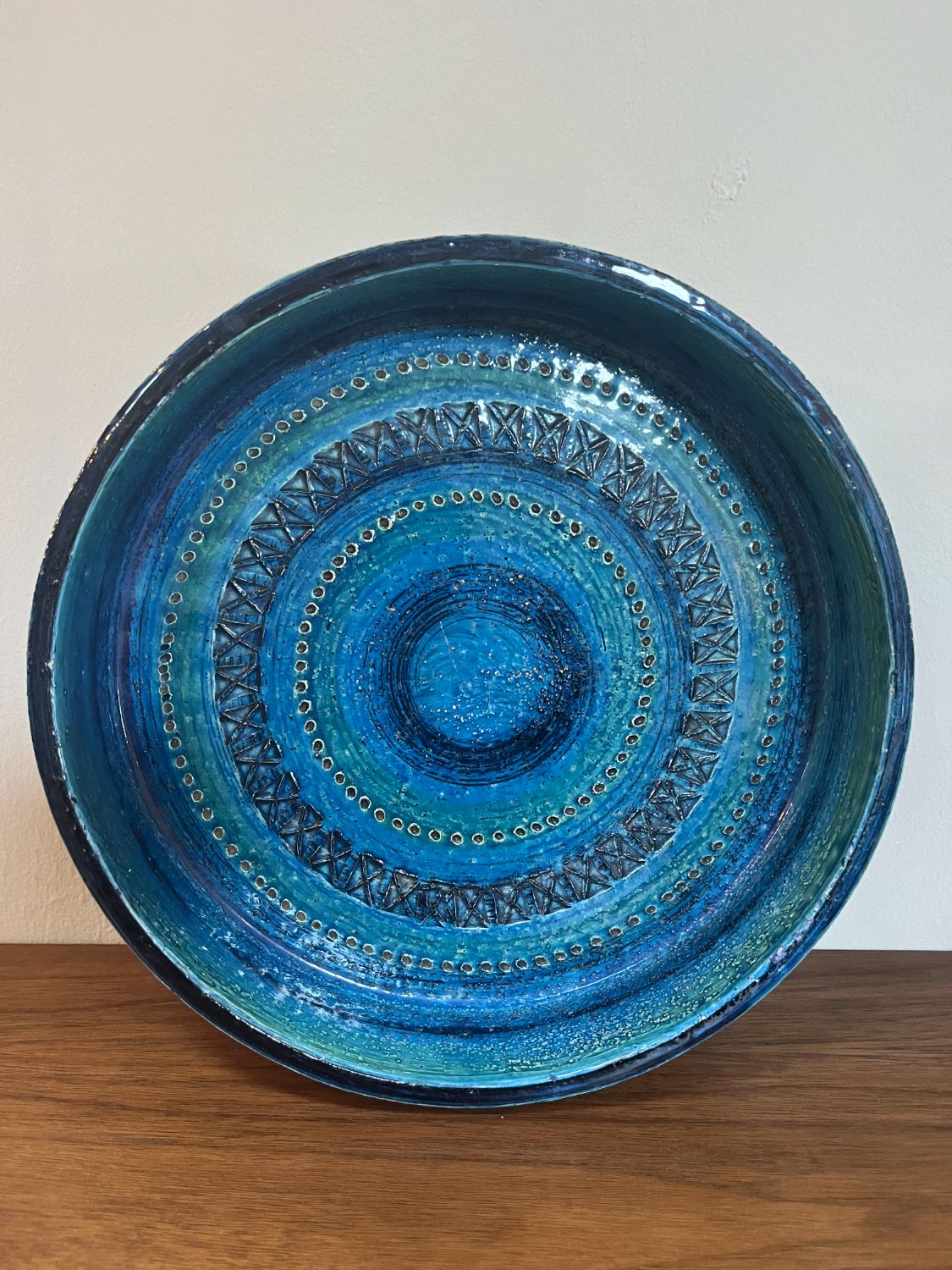 Large 1960s Midcentury Bitossi Aldo Londi Rimini Blu Pottery Ceramic Centrepiece Bowl Italy photo for sale