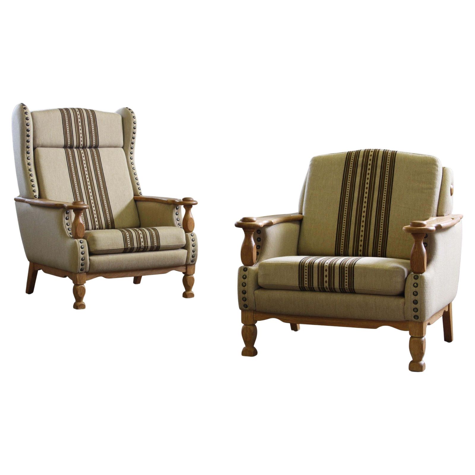 Vintage Jaren 1960 Set Lage En Hoge Fauteuils In Eiken, In De Stijl Van Henning Kjærnulf