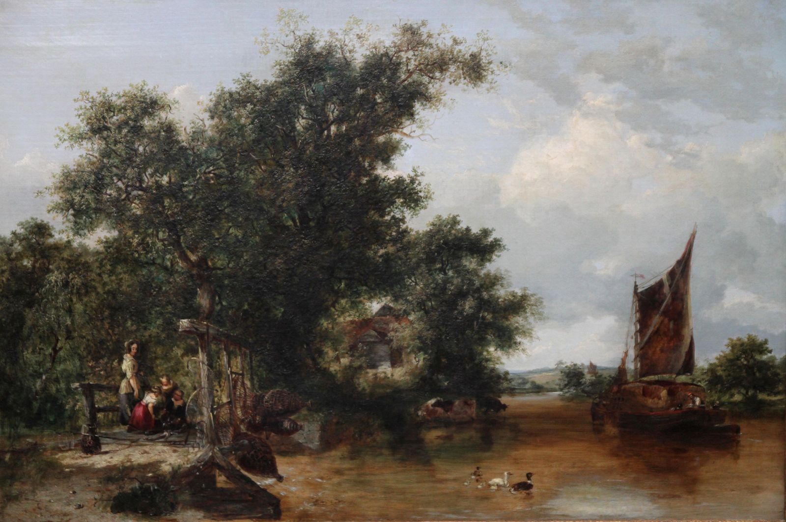 Pulling In The Creel Nets   British Victorian Art River Landscape Oil Paintingcirca 1865 photo furniture