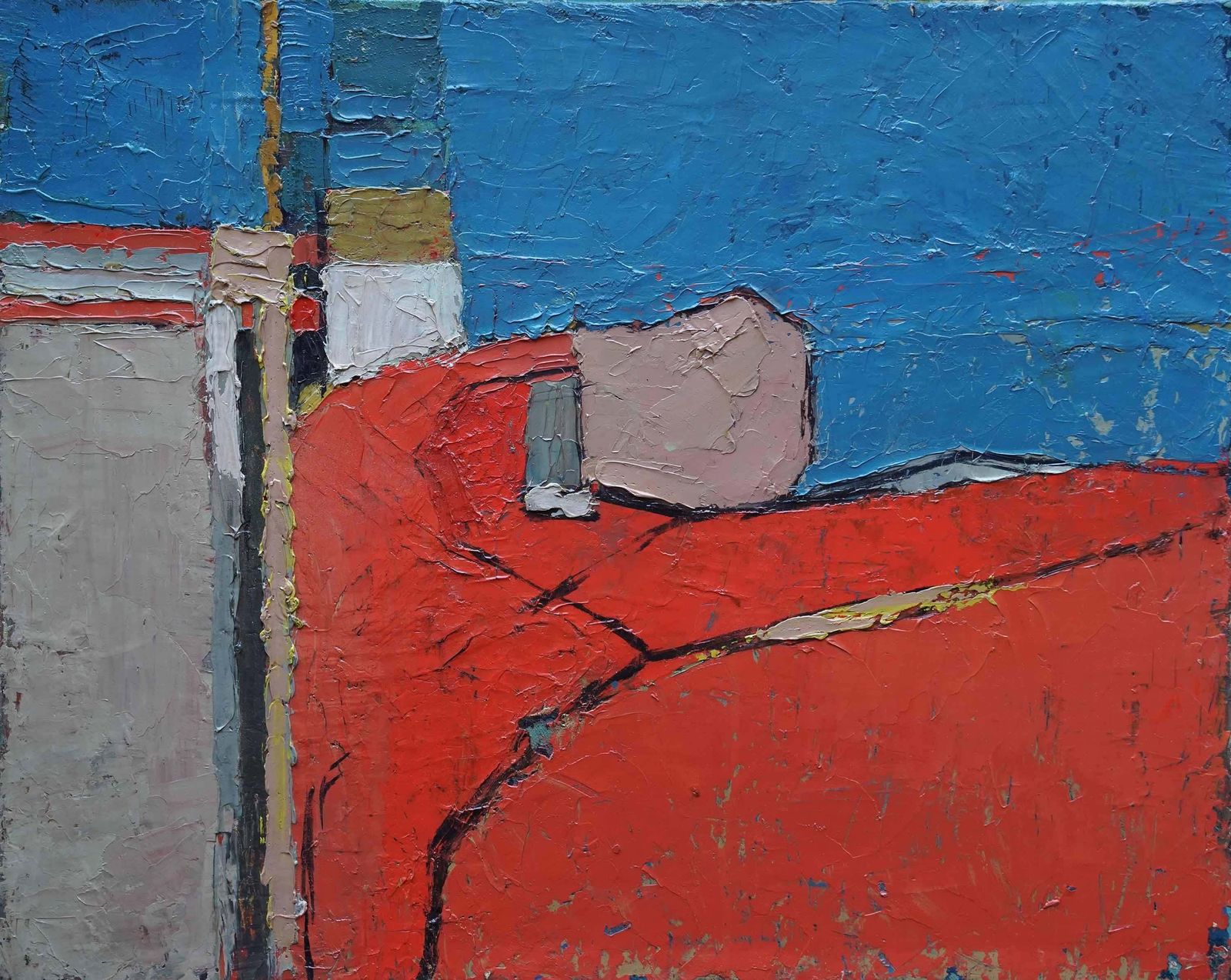 Peter L Fieldabstract Red On Blue Landscape   British Fifties Abstract Art Oil Paintingcirca 1955 photo furniture