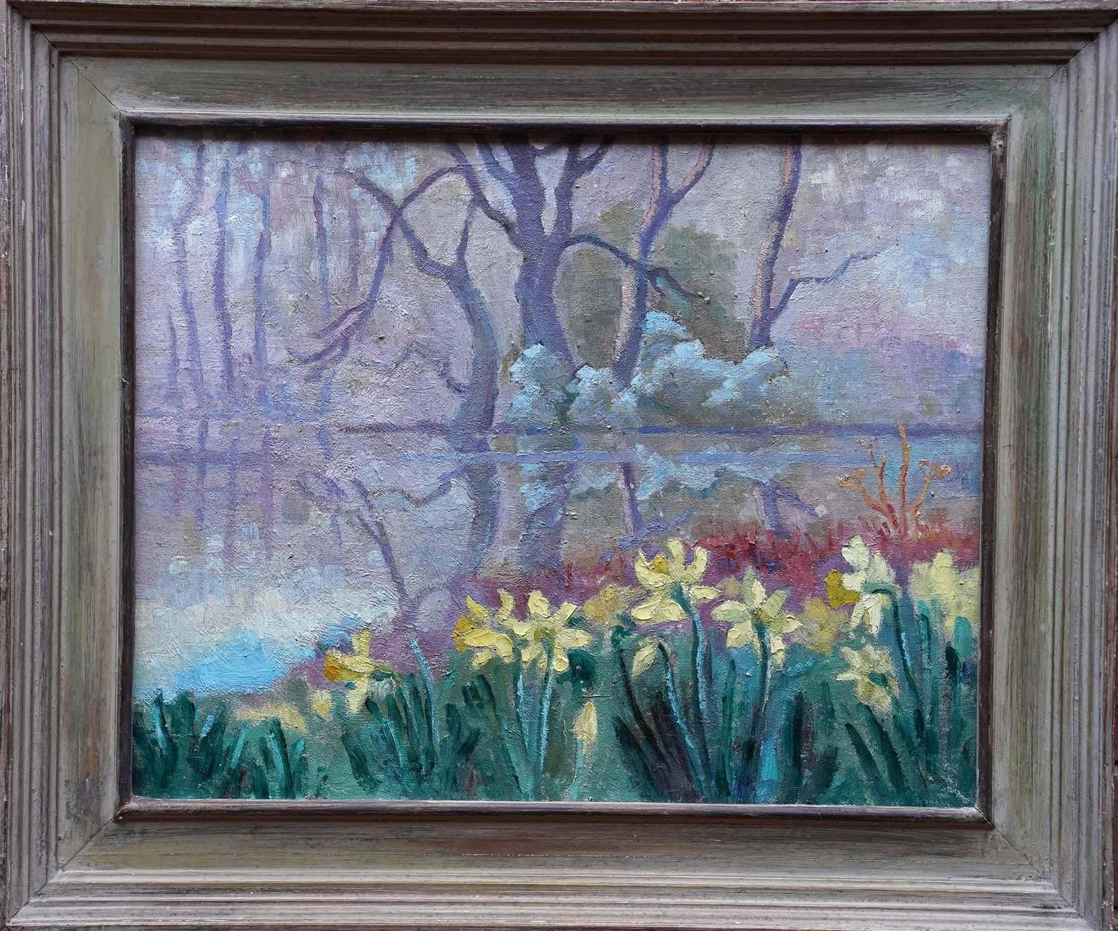 Peter L Fielddaffodils In Lake Landscape   British 50's Post Impressionist Art Oil Paintingcirca 1955